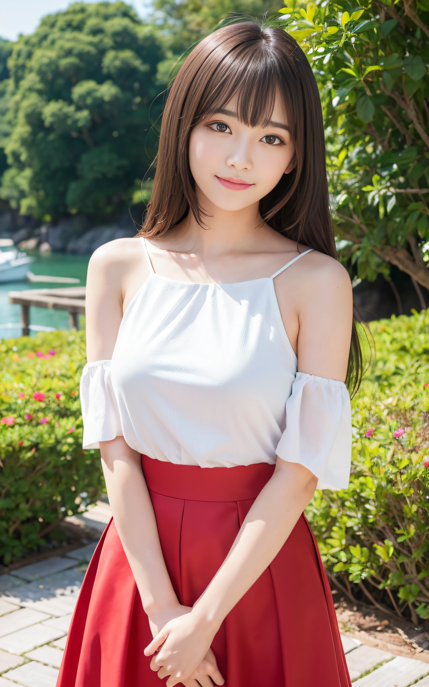 Daytime、garden、petals dancing in the wind、A beautiful woman in her twenties, realistically drawn down to the finest details of her skin, Nostalgic mood and beautiful skin、Wet Skin、smile