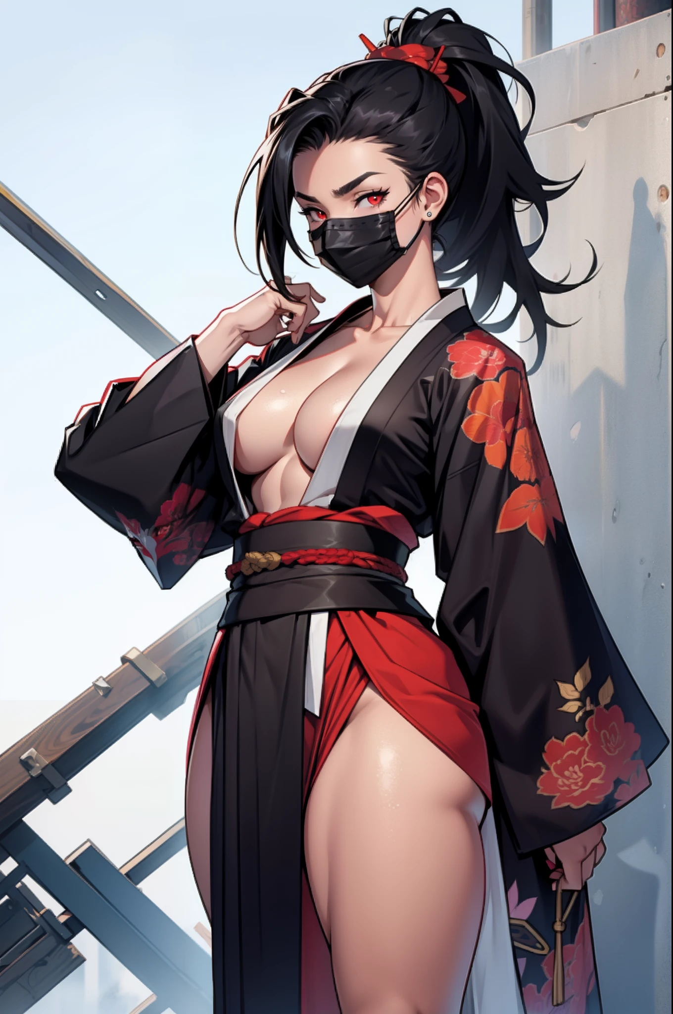 1 girl, muscular, spiky ponytail, toned body, black hair, red eyes, (mask), perky breasts, long hair, kimono, thick thighs