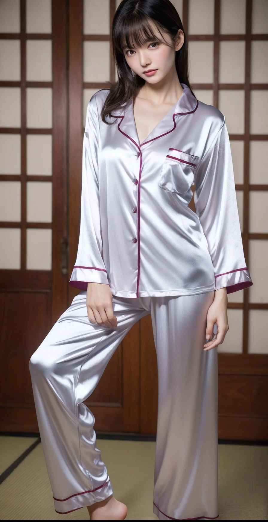 Best quality, best image quality, highest resolution, super detailed, wearing satin pajamas, the material of satin pajamas is shiny, soft and smooth to the touch, no underwear is worn, Chest is C cup, Japan fashion model, full body shot so that the face is also included, the subject is alone, sweaty,