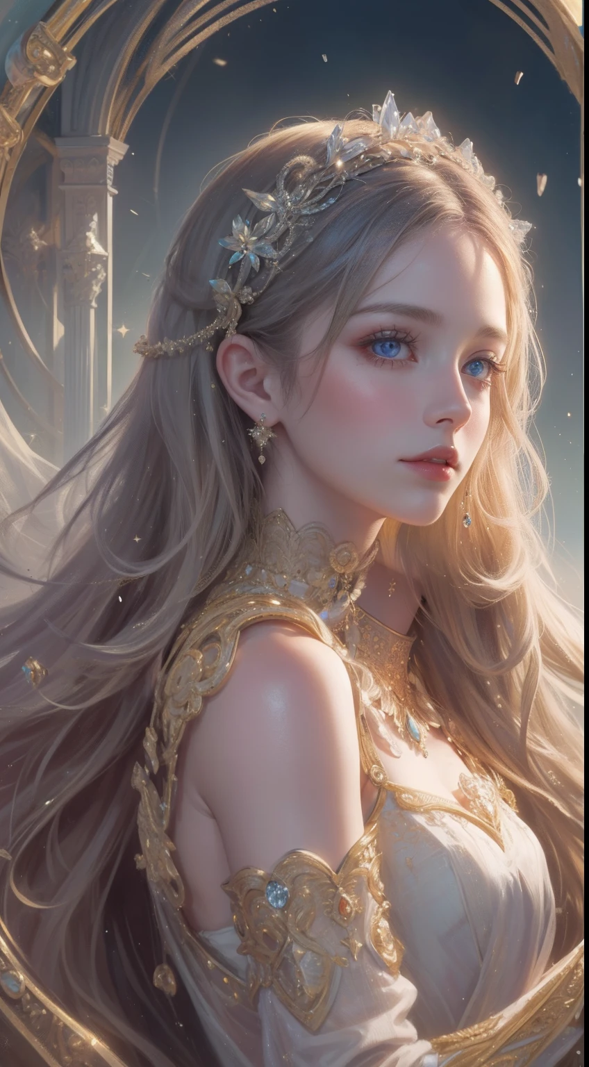 tmasterpiece，Highest high resolution，Bust of a beautiful noble maiden，Delicate braided hair，Coiled hair，Shining clear eyes，The hair is covered with beautiful and delicate floral craftsmanship, crystal、Diamond jewelry filigree，Ultra-detailed details，upscaled，softlighting。