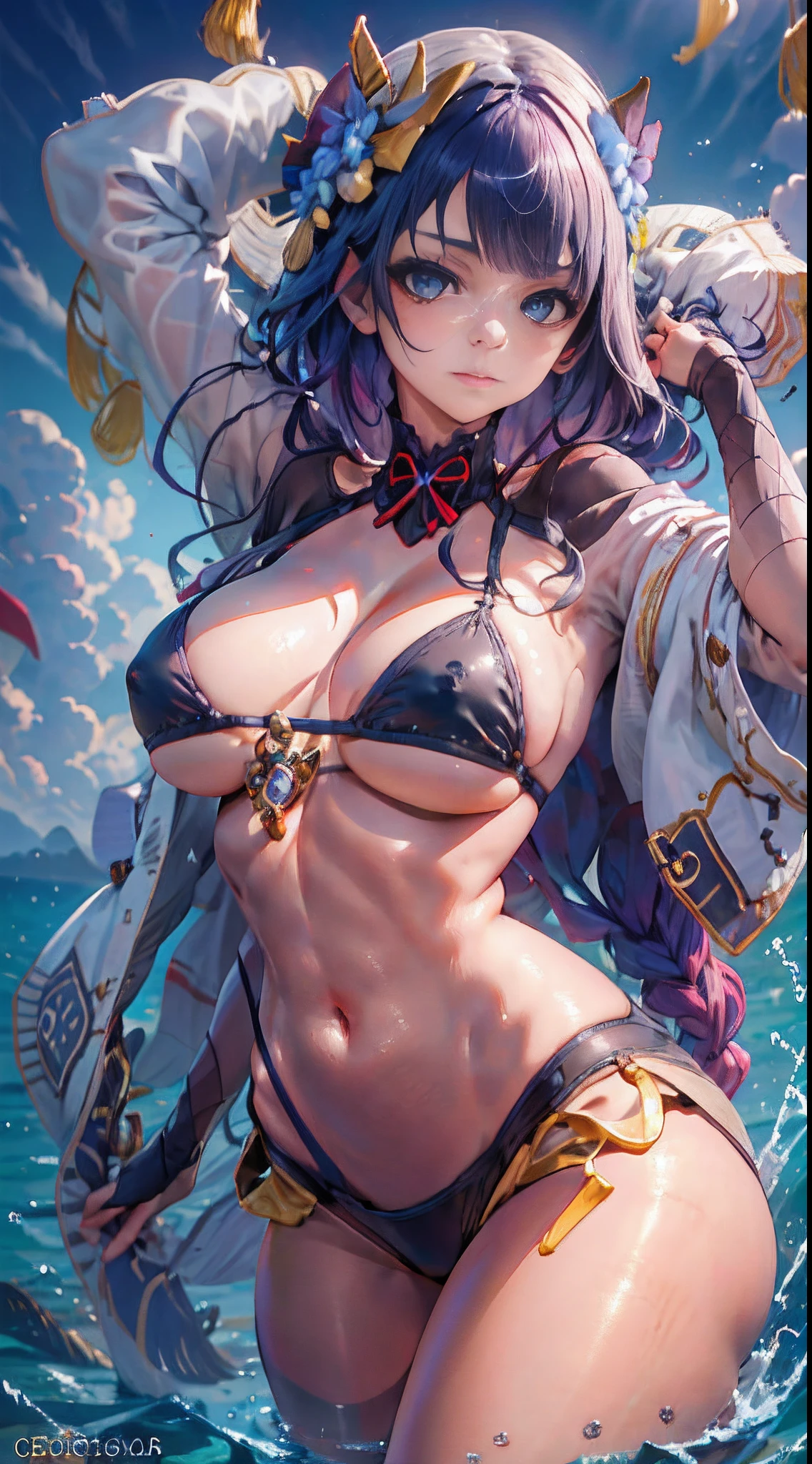 Cheers Saki | Blue Archives, Iwhole Body, (NSTDA.:1.2), (10, beste-Qualit, master-piece: 1.4), ultra-high resolution, (Realistic, photorealistic portrait: 1.48), 20 years old girl , ( Micro Beetle View - Bikini Pass:1.11),Cow's milk bikini print, Famous Japanese celebrities, gigantic breasts, Blue Eyes, Head Tilted, cowboy shot, View from the front, looking at the audience, expressionless, Beautiful Sea Zeiss f 150mm/ 2.8 Hasselblad, Whole body, foot , Ultra-Wide Angle