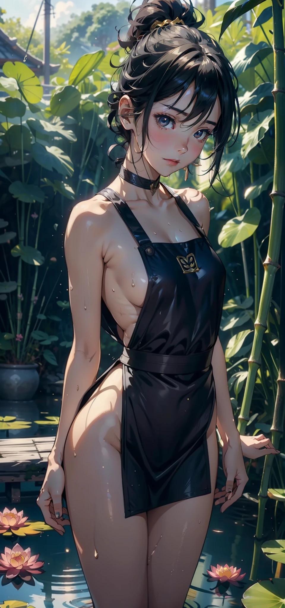 1female,age 5,Small ,Low chest exposure, 独奏,(Background with:bamboo forrest,lotuses,lotus flower,exteriors,Lotus pond) She has short black hair,standing on your feet,Sweat profusely,drenched all over the body,seen from the front, hair straight, mostly cloudy sky,(((tmasterpiece),(Very detailed CG unity 8K wallpaper),best qualtiy,cinmatic lighting,detailed back ground,beatiful detailed eyes,Bright pupils,Black eyes,(Very fine and beautiful),(Beautiful and detailed eye description),ultra - detailed,tmasterpiece,)),facing at camera,A high resolution,ultra - detailed),revealing breasts,Bare genitalia, Bulge,legs are open,Raised sexy,Camel toes,Flushed complexion,Open-mouthed,frontage,Gold Saint Seiya,elementary student(Wearing:Transparent black apron,nakeness,Bare breasts,Bare lower body)