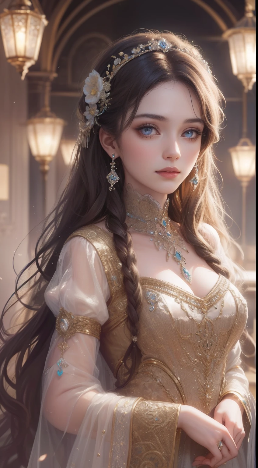 tmasterpiece，Highest high resolution，Bust of a beautiful noble maiden，Delicate braided hair，Coiled hair，Shining clear eyes，The hair is covered with beautiful and delicate floral craftsmanship, crystal、Diamond jewelry filigree，Ultra-detailed details，upscaled，softlighting。