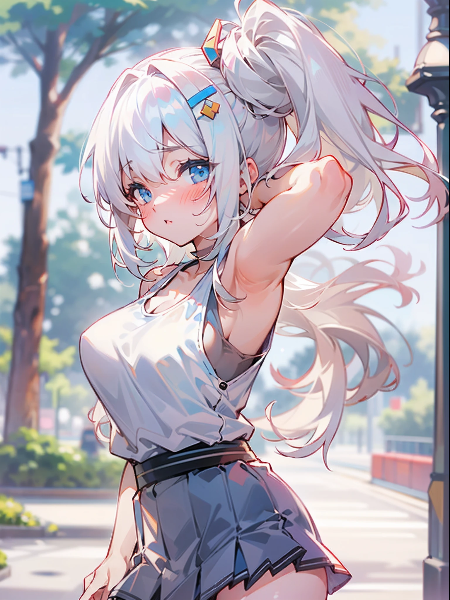 ((4K, ​master piece, Best Quality)), 1girl in, Medium White Hair, Beautiful sky blue eyes, Pony tail, Tank Tops, Mini skirt, at noon, Park, Cute, blush, medium breasts⁩