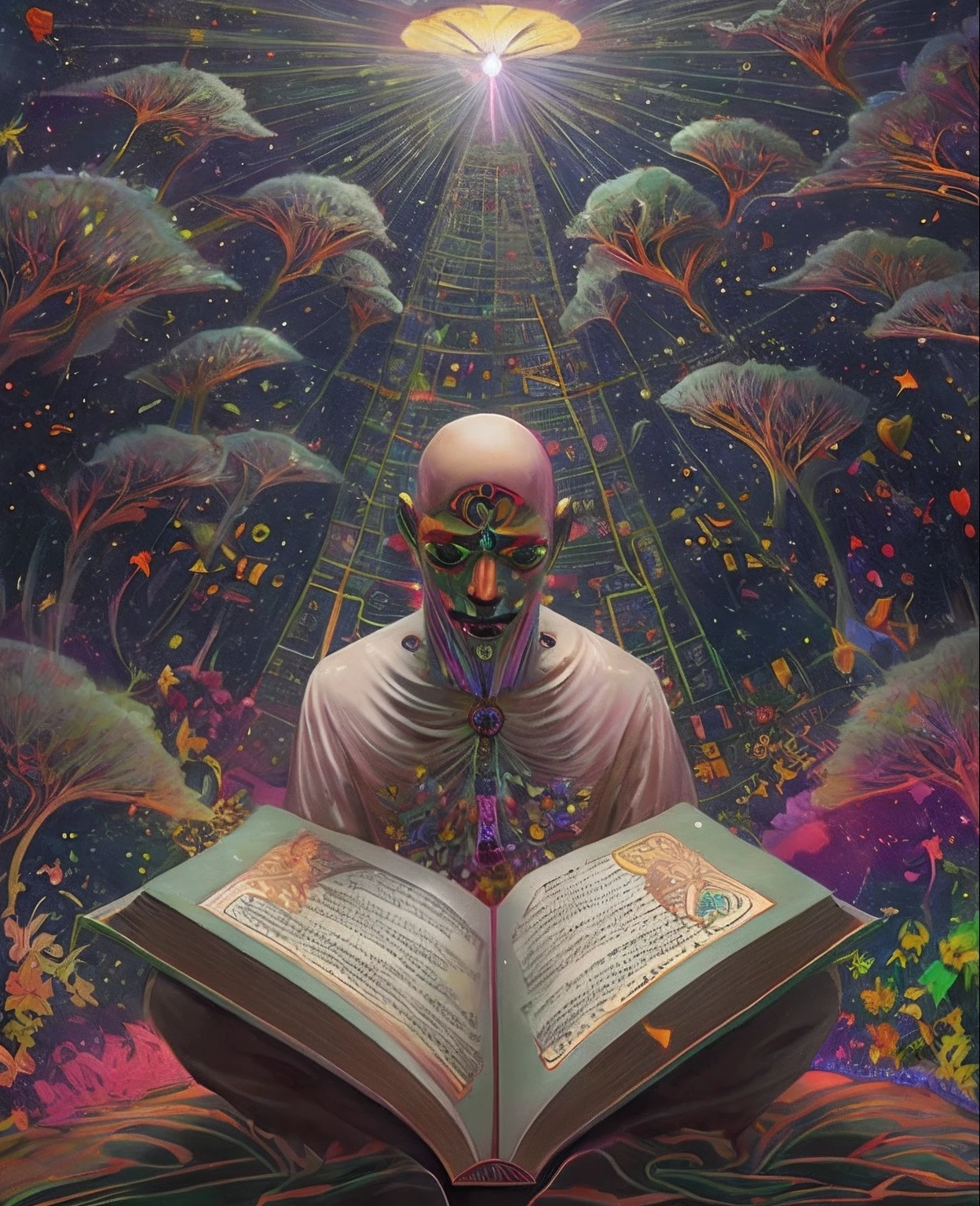 Imagem de uma pessoa lendo um livro com uma luz brilhando sobre eles, Estilo de Alex Cinza, Alex Cinza, Alex Cinza Arte, Directed by: Alex Cinza, Estilo Alex Cinza, Alex Cinza e Beksinski, with book of science, transumanismo, Scientific representation, enlightenment tripping on dmt, um ciborgue meditando, consciousness projection