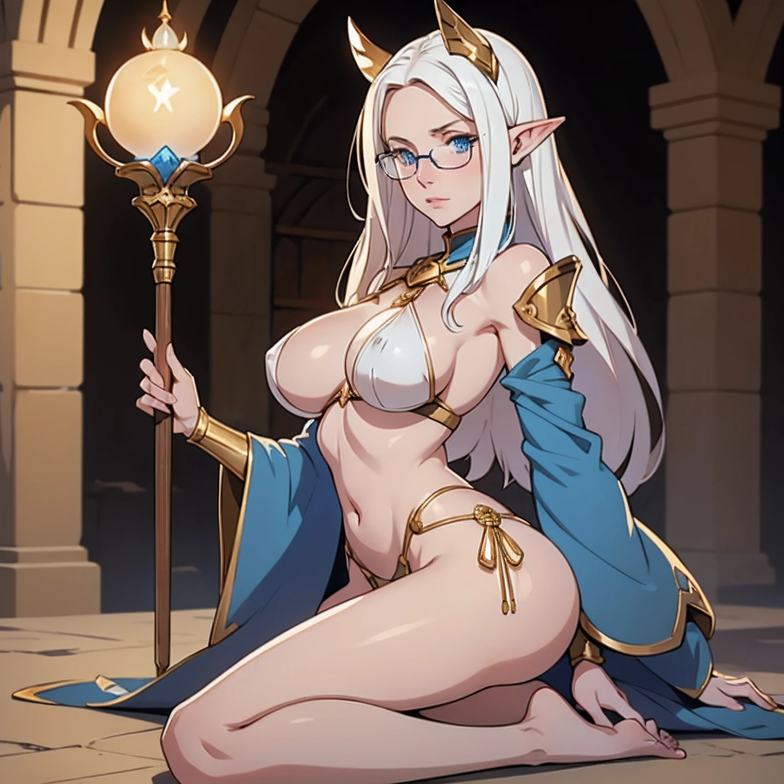 a white skinned woman 25 years old, with big pointy ears, blue eyes wide hips big butt small boobs, round gold glasses,  brown leather armor, a tome of magic under the arm, barefoot.l