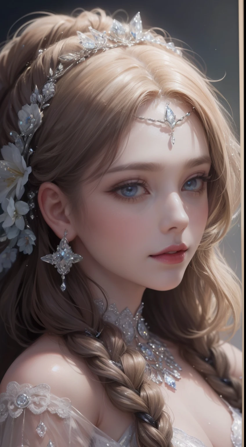 tmasterpiece,Highest high resolution,Bust of a beautiful noble maiden,Delicate braided hair,Coiled hair,Shining clear eyes,The hair is covered with beautiful and delicate floral craftsmanship, crystal、Diamond jewelry filigree,Ultra-detailed details,upscaled,softlighting。