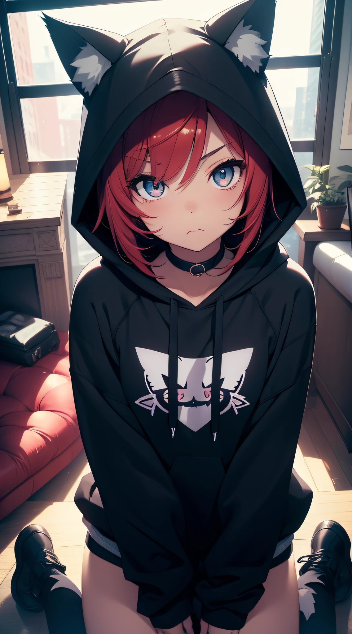 catgirl, 1gir, cat ears, ((cute)), masterpiece, best quality, perfect face, hoodie, hood, cold, looking up, high angle, small, furr, living room, particles, 4k, wallpaper, close up, digital art, anime style, beautiful eyes, intimate, short hair, pouting,