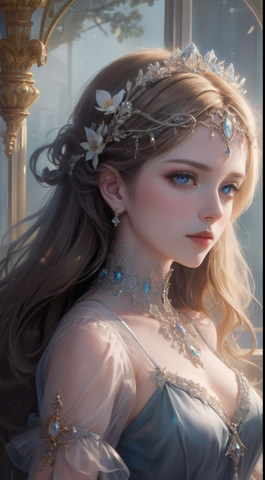 tmasterpiece,Highest high resolution,Bust of a beautiful noble maiden,Delicate braided hair,Coiled hair,Shining clear eyes,The hair is covered with beautiful and delicate floral craftsmanship, crystal、Diamond jewelry filigree,Ultra-detailed details,upscaled,softlighting。
