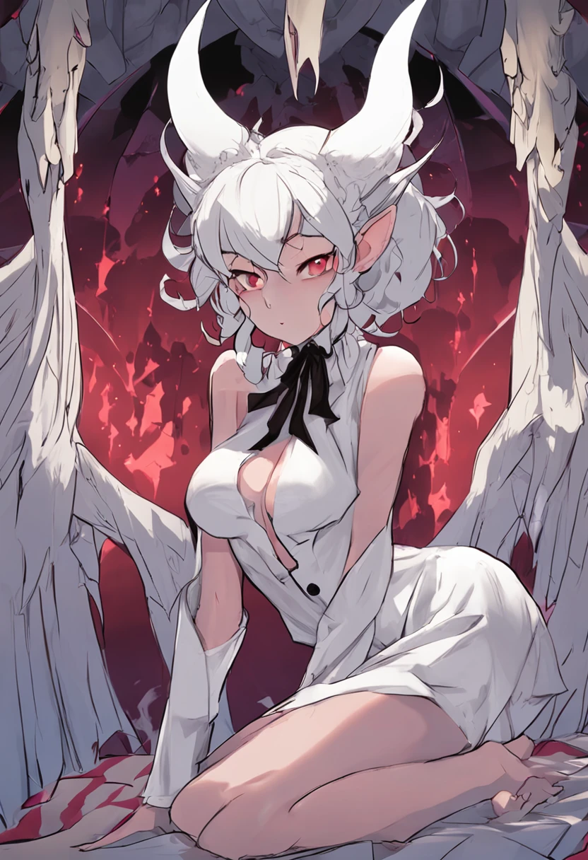 White-haired demon girl，Succubus，Wear a white shirt and panties，sit on a bed