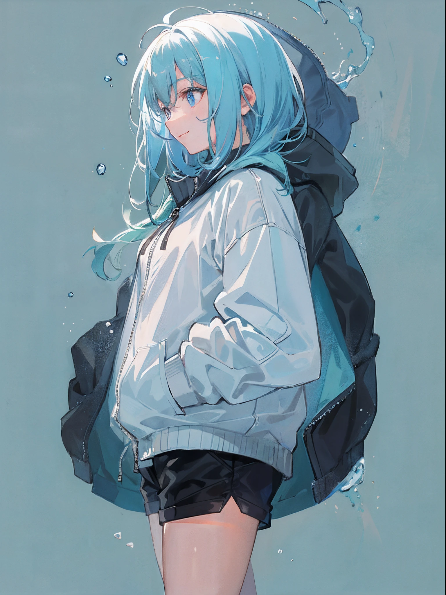 ((top quality)), ((masterpiece)), ((super detail)), (very delicate and beautiful), girl, solo, cold demeanor, ((black jacket)), she looks very (relaxed) and (calm), black hair, depth of field, evil smile, stirrups, underwater, air bubble, light blue eyes, light blue hair and dark blue tips inner color with, cold background, bobbed hair - linear art, shorts, knee high socks, oversized white hoodie, light blue ribbon tie, clothing transparent, hands in pockets