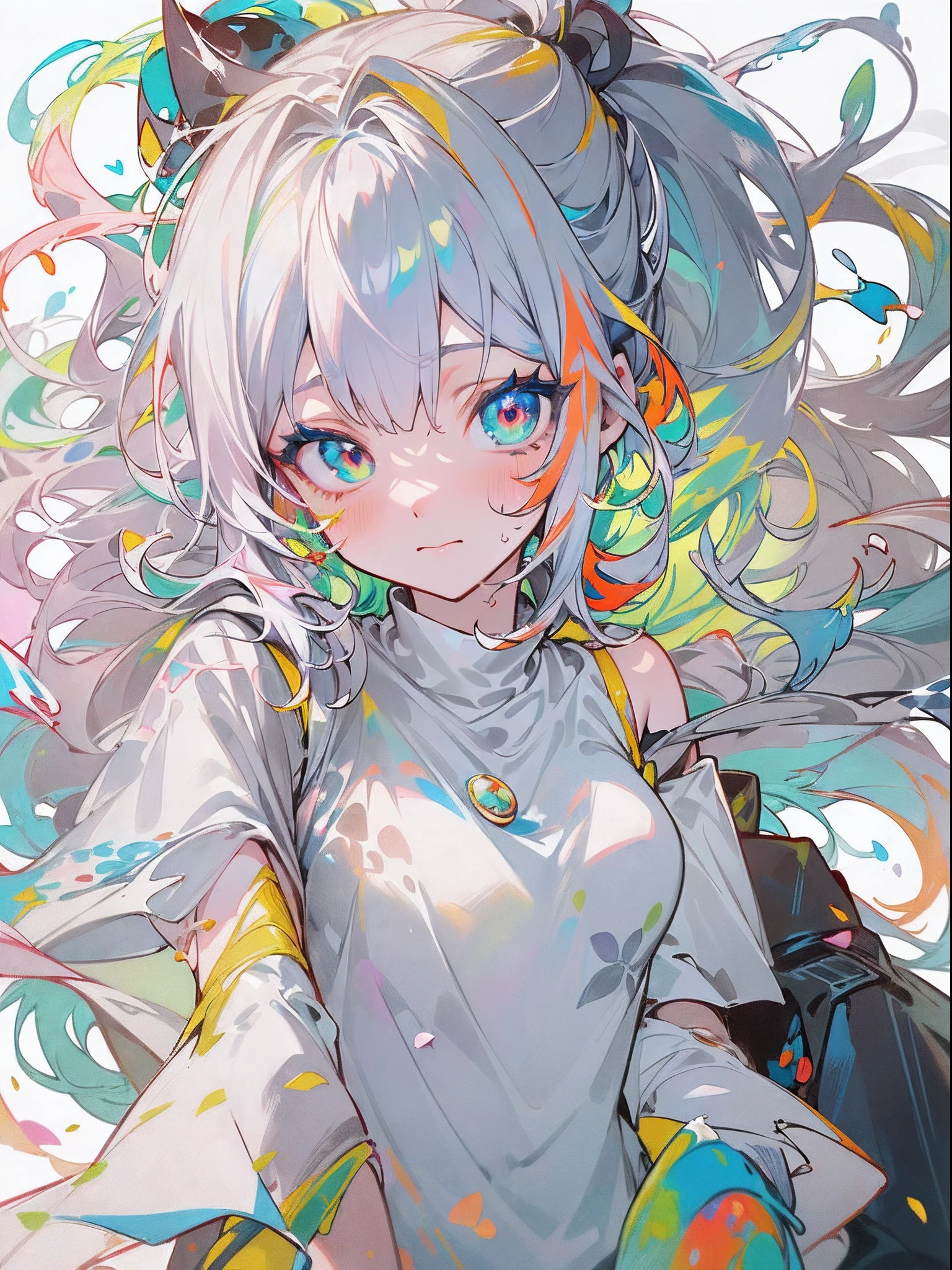 (Colorful hair: 1.8), (all the colours of the rainbow: 1.8),(((((Vertical Painting:1.6))), (Painting:1.6),front, comics, Illustrations, Painterly, Large eyes, Crystal clear eyes,( rainbow color gradient high ponytail:1.7), Exquisite makeup, Closed mouth,(Small fresh: 1.5),(Wipe Chest: 1.6) ,long eyelashes, white off shoulder T-shirt, White shoulder shirt,gaze at the audience, Large watery eyes, (rainbow-colored hair:1.6), Color splash, (Solo:1.8), Color splash, Color explosion, Thick paint style, Messy lines, ((Shining)),(Colorful), (Colorful), (Colorful), Colorful, Thick paint style, (Splash) (Color splash), Vertical Painting, Upper body, Paint splashes, Acrylic Pigment, gradient, paint, Highest image quality, Highest Quality, masutepiece, Solo, depth of fields, Face Paint, colourful clothes, (Elegant: 1.2), Gorgeous,Long hair, Wind, (Elegant: 1.3), (flower petals: 1.4),(((masutepiece))),(((Best Quality))),((Ultra-detailed)),(Illustration),(Dynamic Angle),((floating)),(paint),((disheveled hair)),(Solo),(1girl in) , (((Detailed anima face))),((beautifull detailed face)),Collar,Bare shoulders,White hair, ((Colorful hair)),((striated hair)),Beautiful detailed eyes,(Gradient color eyes),(((Colorful eyes))),(((Colorful background))),(((High color saturation))),(((Surrounded by colorful splashes))),