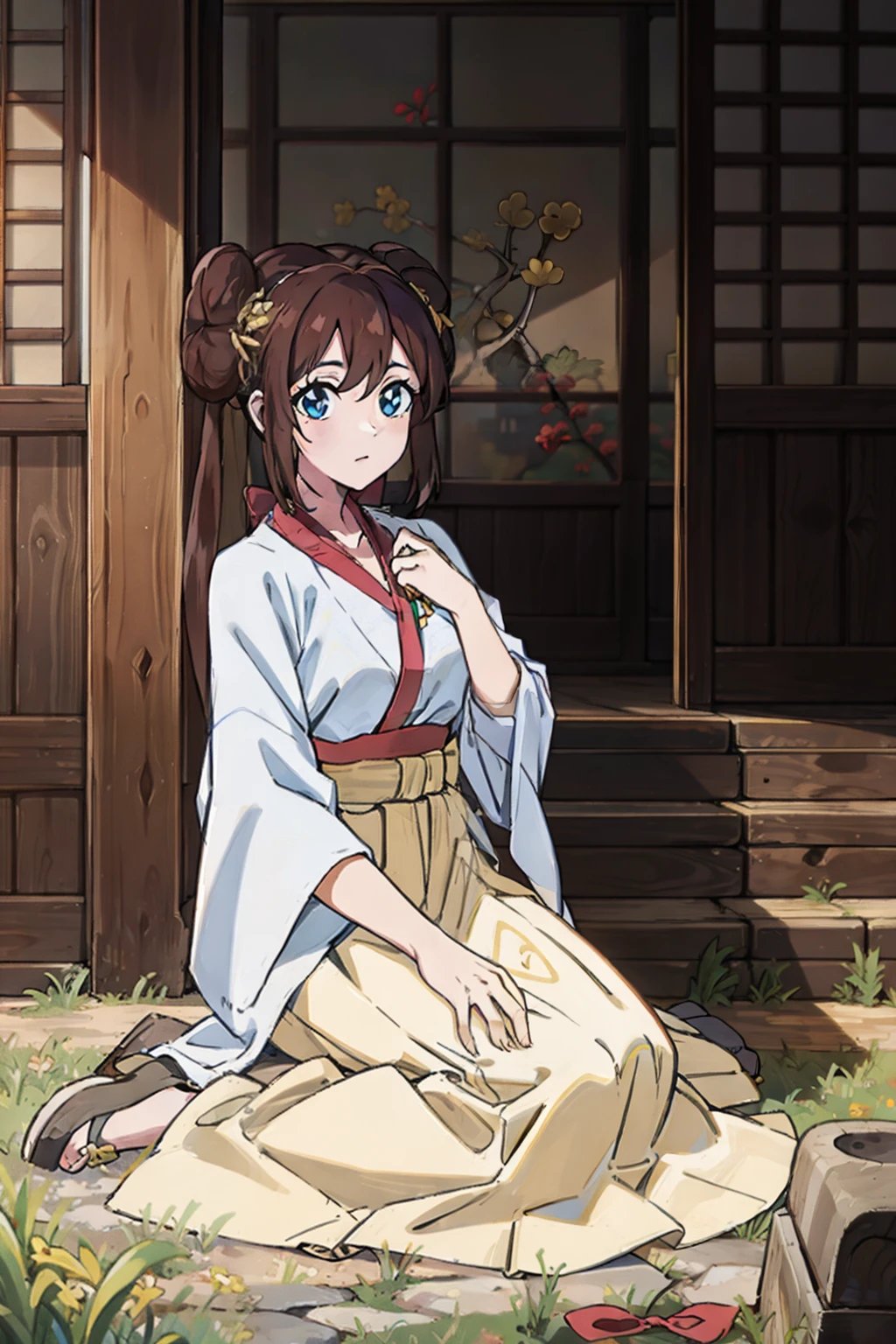 ro1, hair bun, twintails, long hair:1.5, blue eyes:1.5, hanfu, tang style, full body, sitting on ground, perfect eyes:1.2, detailed eyes:1.4, masterpiece, best quality,