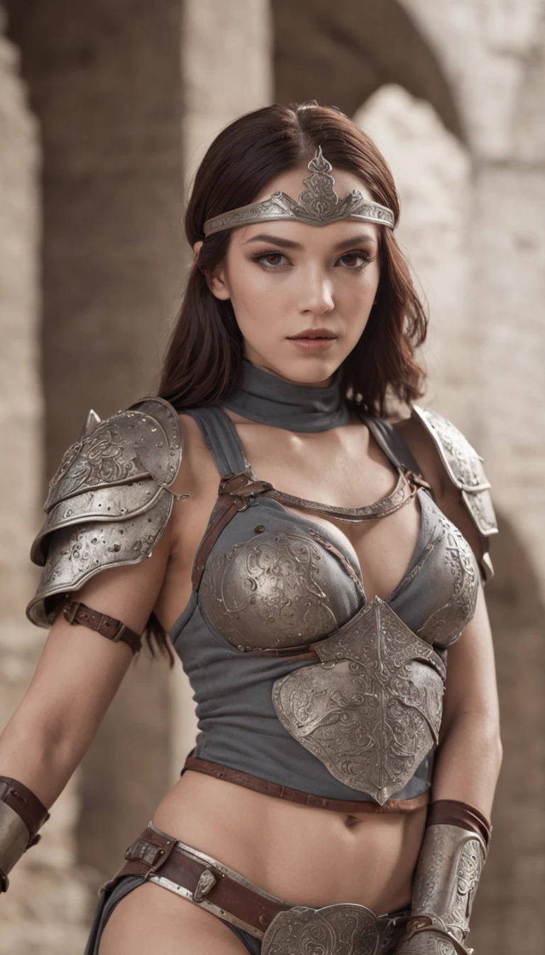 Pose seated, legs spread. Panties are visible through the armour on the lower half of her body. Upper body creates the image of a female warrior with bikini and shining sword. Her expression is a smile. Give this image feminine charm and courage. Next, combine accessories such as a warrior costume designed to emphasise body lines, metal accents to create a combative atmosphere, reeds, a silver or gold headpiece and a lapis necklace with matching rings and earrings. Finally, the female warrior vibe is imbued with sharp eyeliner and dark eye shadow. The photo shoot takes place in the courtyard of an abandoned castle. In the background are the crumbling castle walls, an upside-down flag and stone statues that evoke a sense of history. This is a location where female warrior cosplay can be seen in an atmosphere of history and mystery.