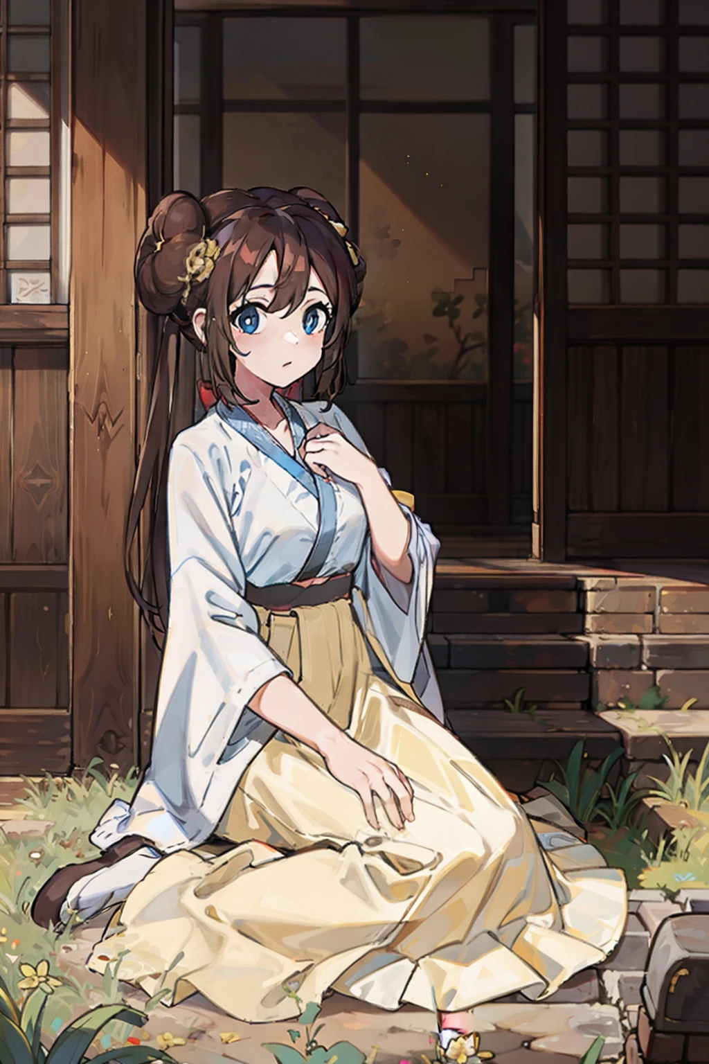 ro1, hair bun, twintails, long hair:1.5, blue eyes:1.5, hanfu, tang style, full body, sitting on ground, perfect eyes:1.2, detailed eyes:1.4, masterpiece, best quality,