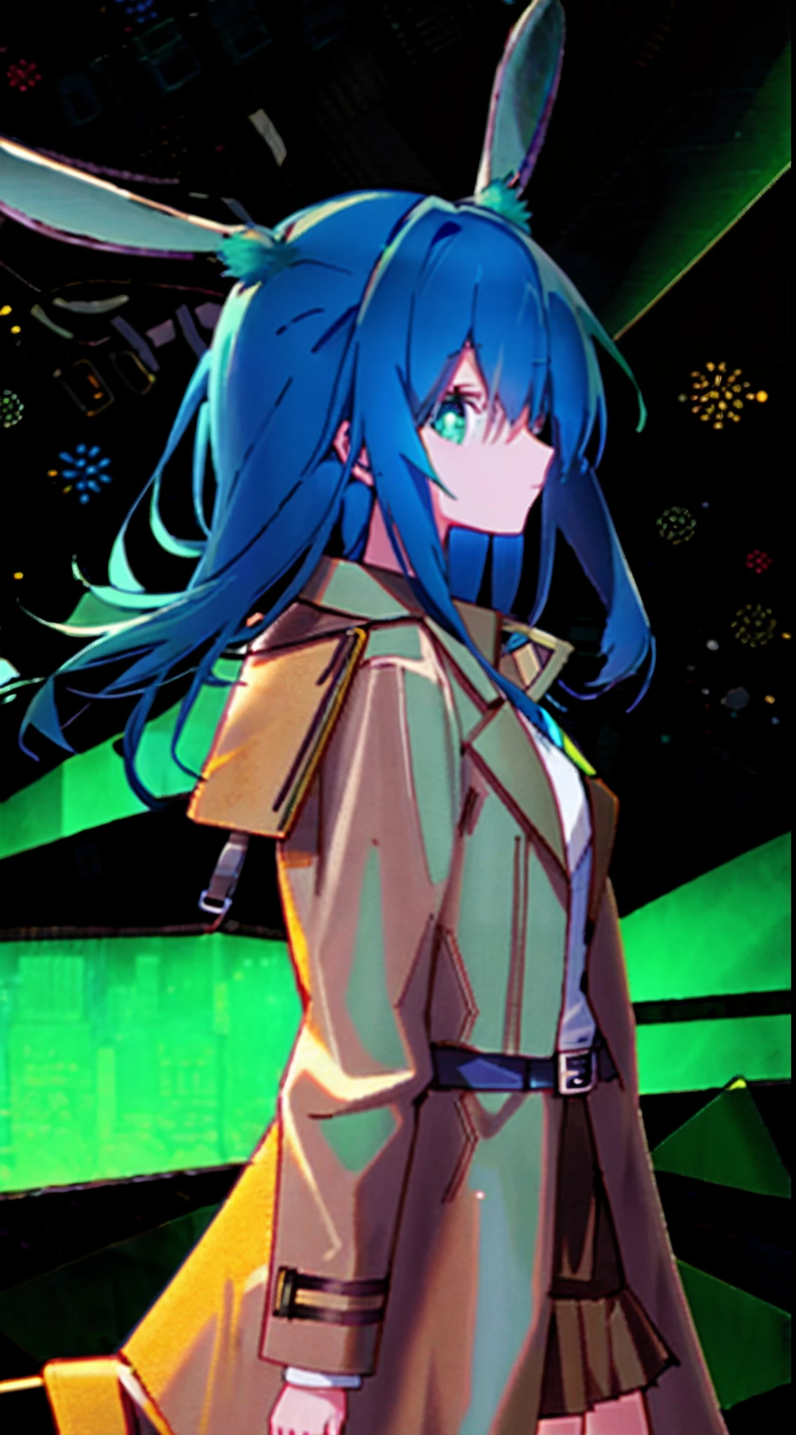 scenecy,Blue-haired girl,Rabbit ears,Green eyes,city night scene,Brown trench coat