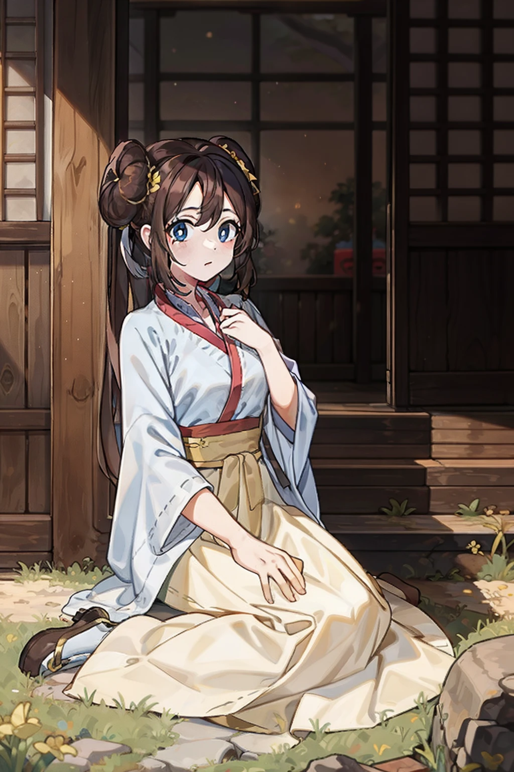 ro1, hair bun, twintails, long hair:1.5, blue eyes:1.5, hanfu, tang style, full body, sitting on ground, perfect eyes:1.2, detailed eyes:1.4, masterpiece, best quality,