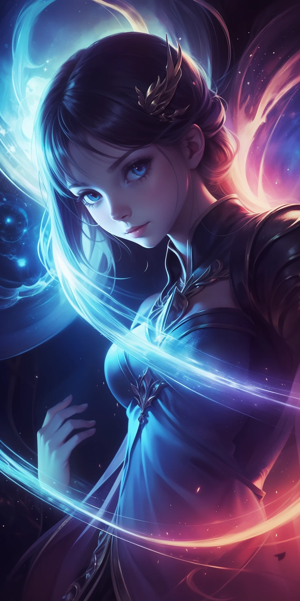 (A girl in a magical world,Immortal,detail-rich,Magical elements,dream colors,with dynamism,Fantasy light and shadow,Delicate depiction,Unique style)