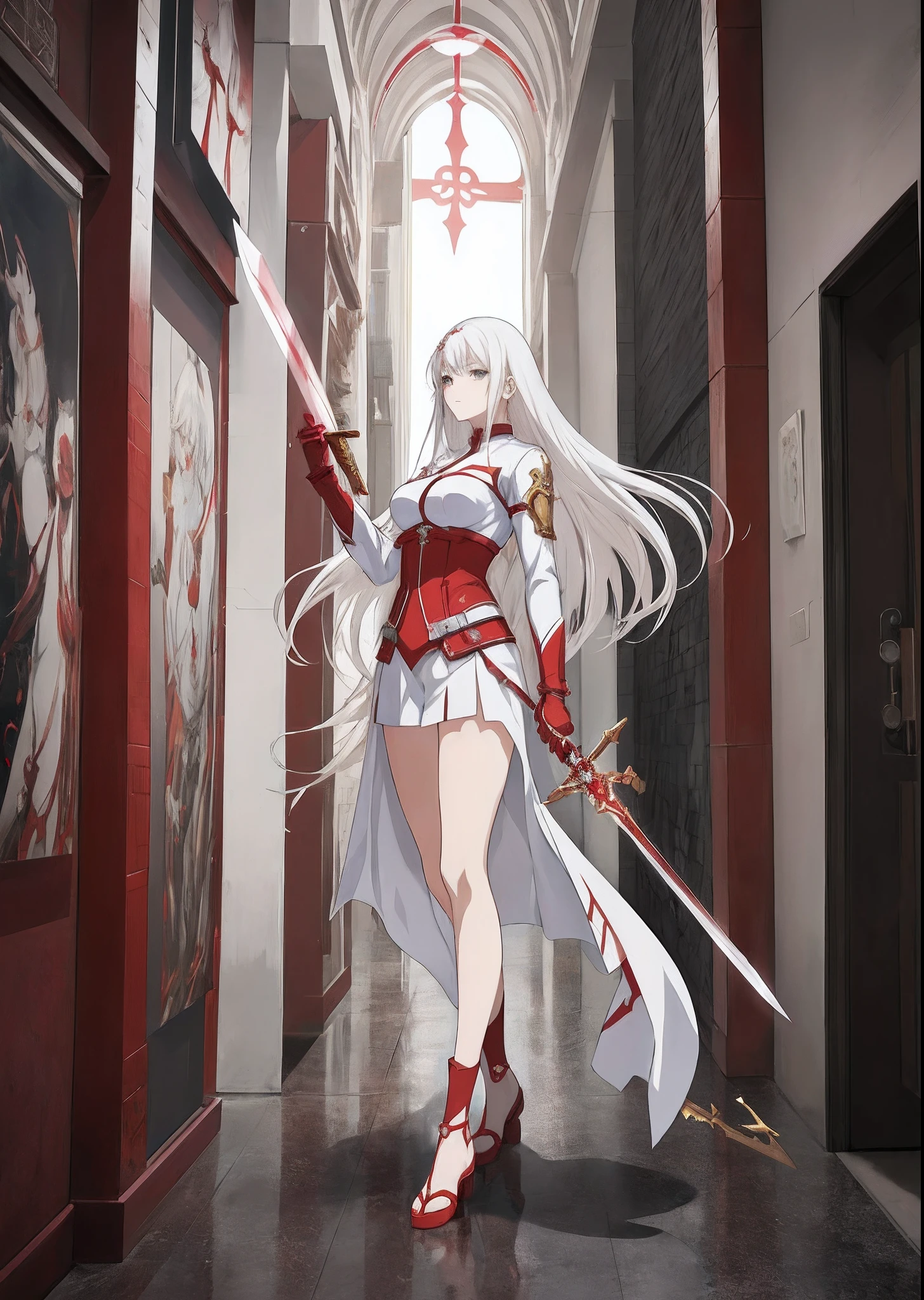 Anime girl with white hair and red costume holding a sword, cushart krenz key art feminine, epic light novel art cover, overdetailed art, Detailed key anime art, epic light novel cover art, key art, official artwork, cyarine, Official art, high detailed official artwork, fronds, High quality anime art style, zerochan art