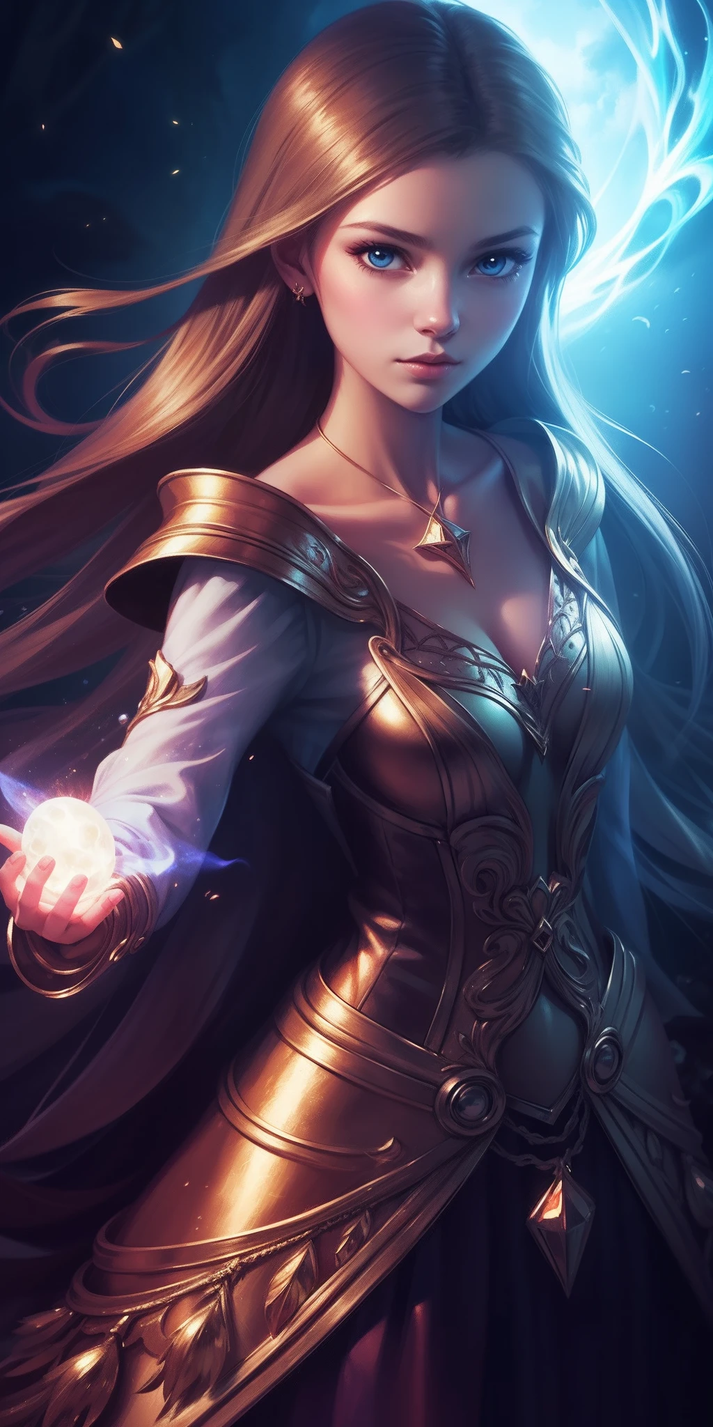 (A girl in a magical world,Immortal,detail-rich,Magical elements,dream colors,with dynamism,Fantasy light and shadow,Delicate depiction,Unique style)