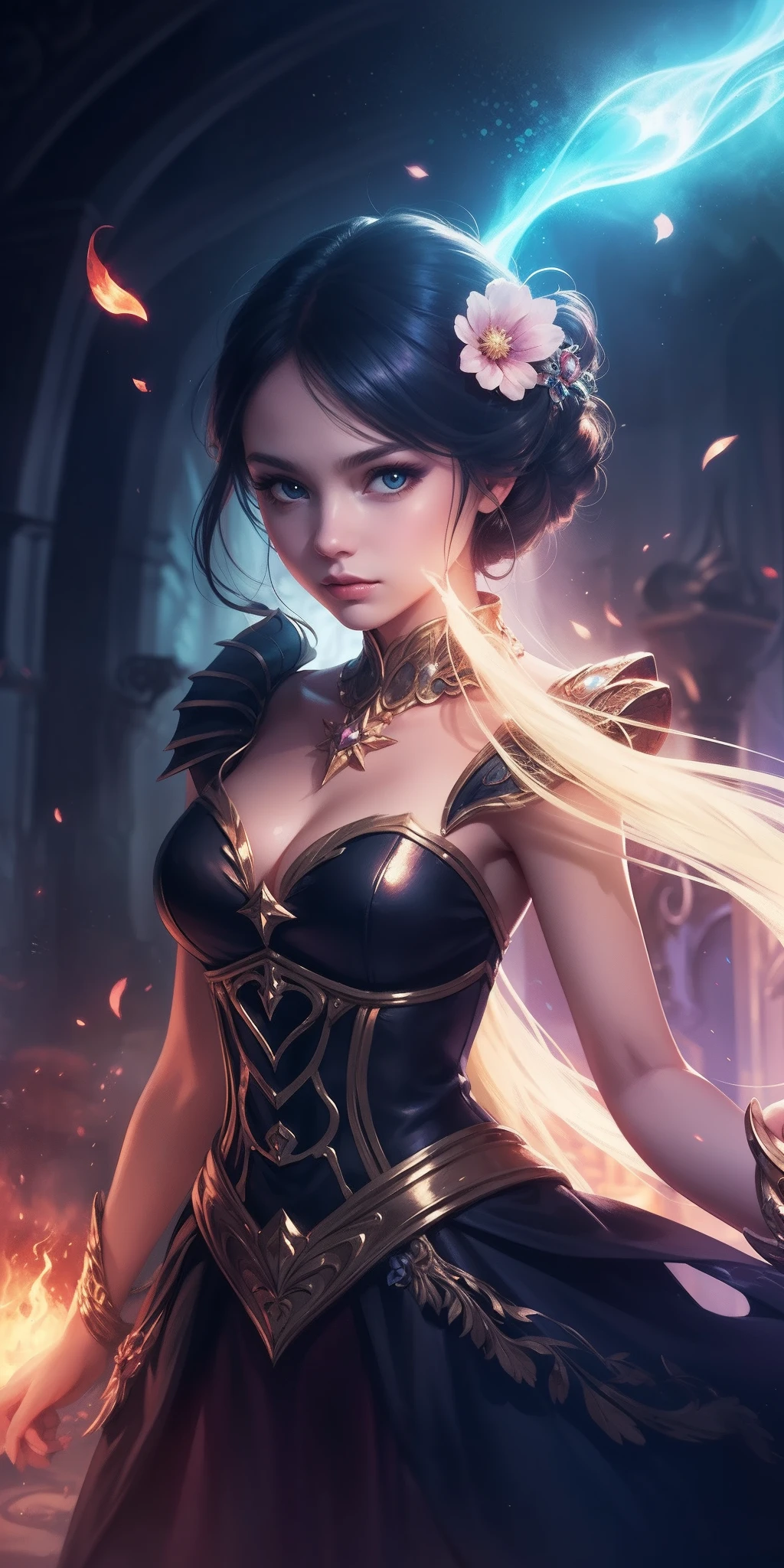 (A girl in a magical world,Immortal,detail-rich,Magical elements,dream colors,with dynamism,Fantasy light and shadow,Delicate depiction,Unique style)