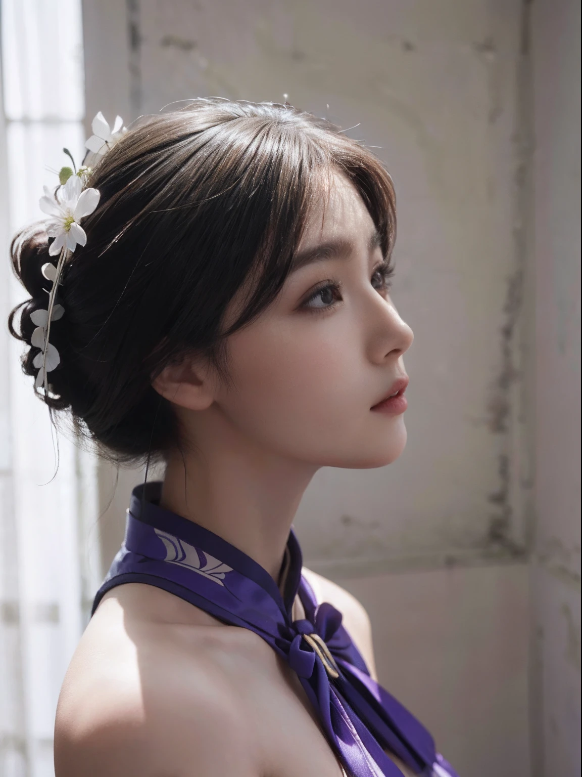 primitive，tmasterpiece，ultra fine photos，best qualtiy，超高分辨率，Photoreality，rays of sunshine，full-body portraits，stunningly beautiful，，dynamicposes，delicated face，Vibrant eyes，（seen from the side），Delicate purple cheongsam，Hong Kong style cheongsam，cropped shoulders，Delicate head flower，full bodyesbian（1），very highly detailed background，detailed face with，Detailed and complex busy background，Untidy，opulent，Highly detailed skin，Realistic details of skin，Visible Pore，tack sharp focus，volume fog，8K  UHD，digital SLR camera，high qulity，filmgrain，White skin of the，photo-realism，DL，Huge metropolis in a dystopia of the future , look from down, semi transparent