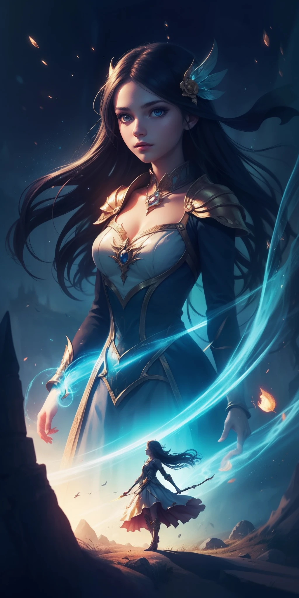 (A girl in a magical world,Immortal,detail-rich,Magical elements,dream colors,with dynamism,Fantasy light and shadow,Delicate depiction,Unique style)