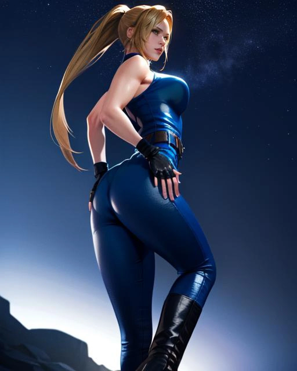 Sarah,high ponytail,blue eyes,long hair , standing, hands on hip, solo,  cameltoe, standing on one foot, low angle, ass,  looking down, 
SarSuit, (tight blue bodysuit1:1),belt ,belt, sleeveless,zipper,boots,high heels,earrings, fingerless gloves,
night sky, stars, 
(insanely detailed, beautiful detailed face, masterpiece, best quality) cinematic lighting, tone mapping,