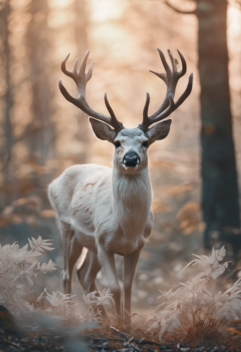"Albino deer in a mystical forest."