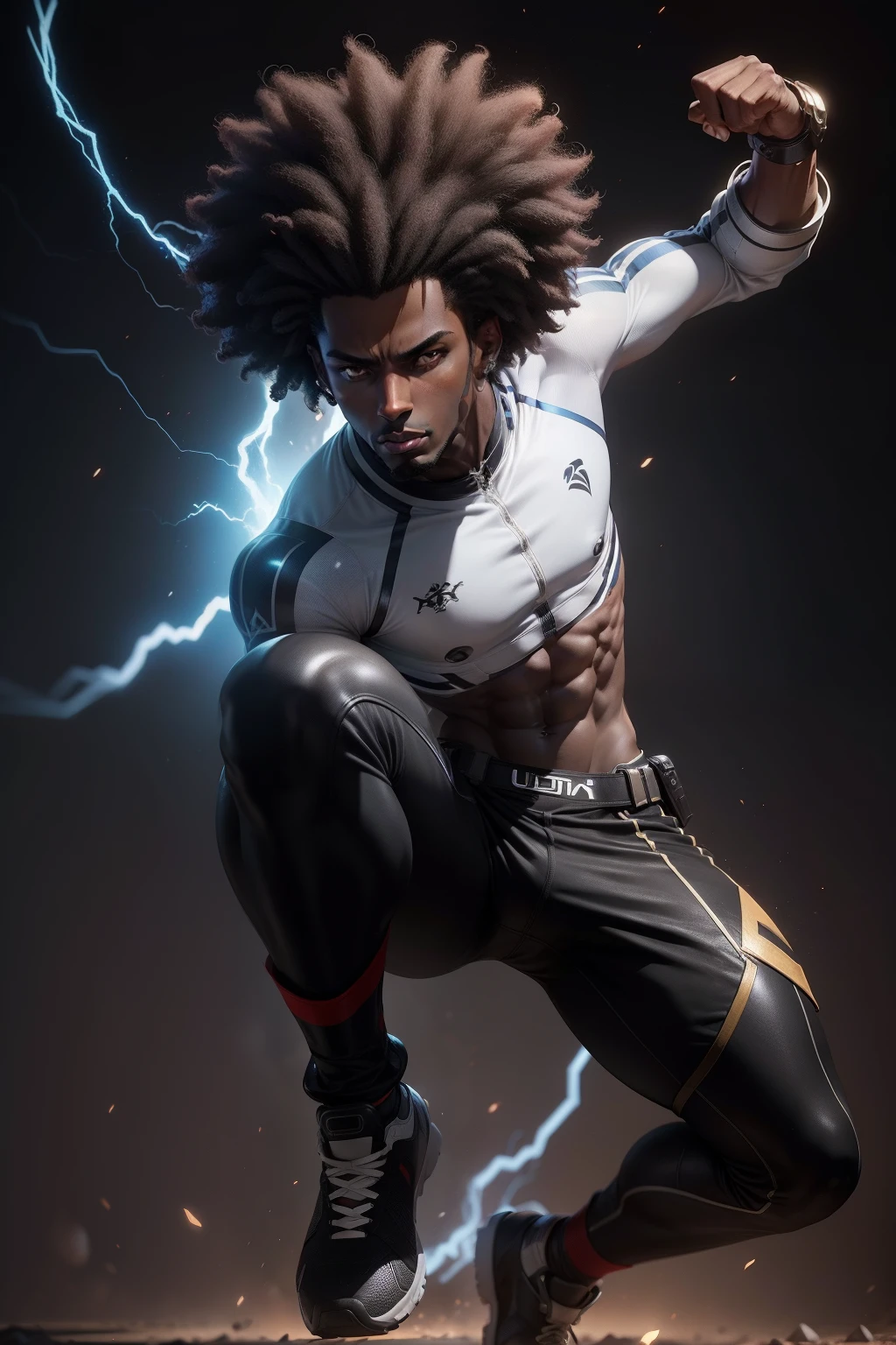 Powerful male character, Dark Skinned, Skinny, Afro, Hero, Break Dancer, Tech Nerd, UHD, Unreal Engine 5