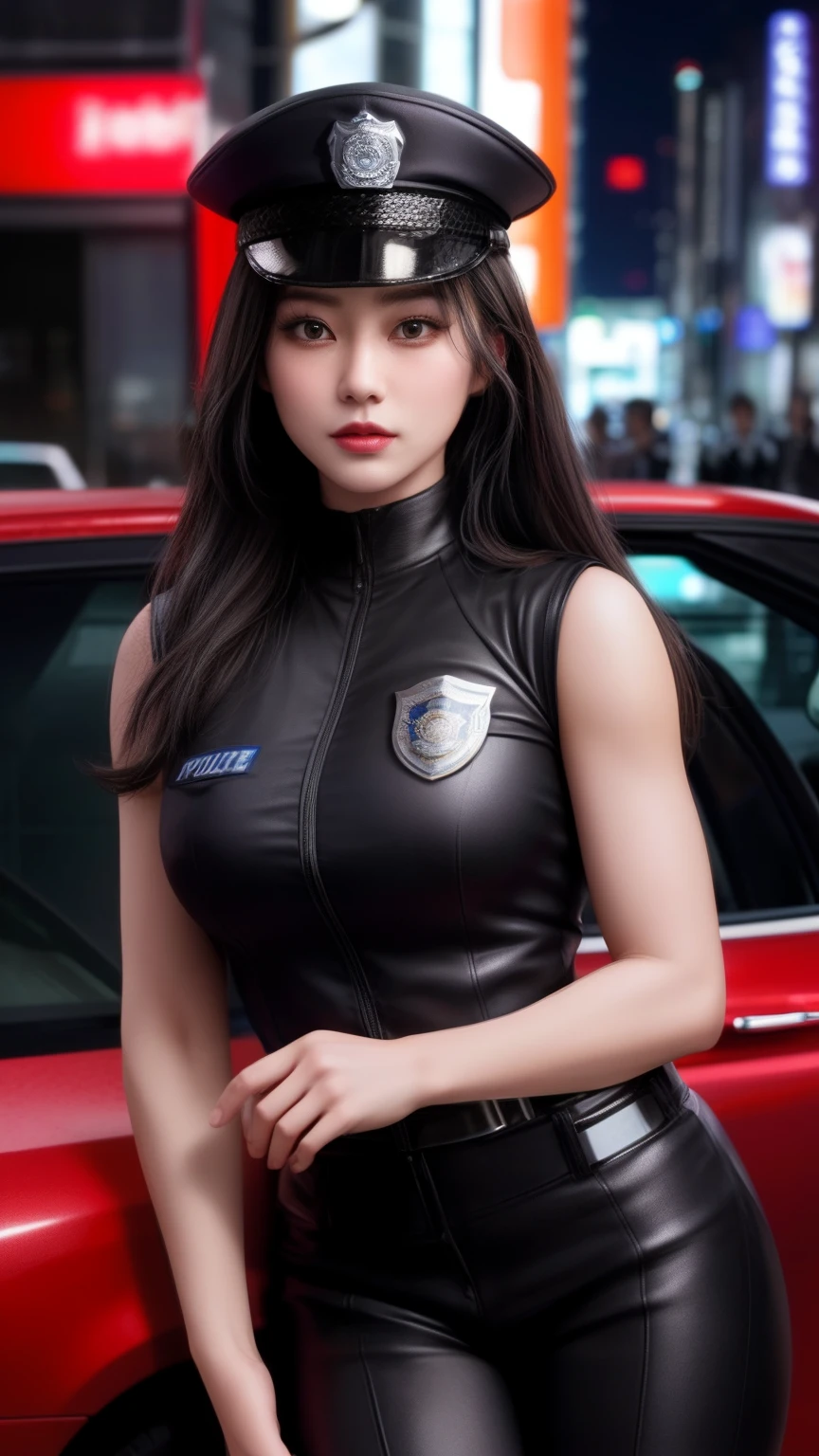 The highest image quality,excellent detail,The ultra-Highres,The Police of the Future,She is wearing a futuristic SWAT uniform,She stood in front of a police car,Sturdy body,Sexy and sturdy,Detailed abs,Detailed muscle lines,dynamicposes,natta,Futuristic City Street View Background,Neon lights,Technological sense,future tech,Very detailed cyberpunk style,Cyberpunk persona,Highly detailed police uniform,Highly detailed police hat,Highly detailed police force,Highly detailed police badges,Very detailed armbands,Very detailed police strip,Highly detailed epaulettes,Wearing a police cap,Very delicate electric baton,Highly detailed guns,The Gun of the Future,intercom,Wireless devices,Very fine handcuffs,Highly detailed police equipment,Highly detailed police cars,Police cars of the future,frontage,full body photograph,look from bottom to top,Down from the bottom, lookin at viewer,machinery
