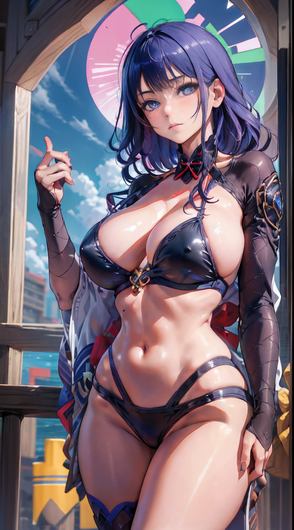 Cheers Saki | Blue Archives, Iwhole Body, (NSTDA.:1.2), (10, beste-Qualit, master-piece: 1.4), ultra-high resolution, (Realistic, photorealistic portrait: 1.48), 20 years old girl , ( Micro Beetle View - Bikini Pass:1.11),Cow's milk bikini print, Famous Japanese celebrities, gigantic breasts, Blue Eyes, Head Tilted, cowboy shot, View from the front, looking at the audience, expressionless, Beautiful Sea Zeiss f 150mm/ 2.8 Hasselblad, Whole body, foot , Ultra-Wide Angle