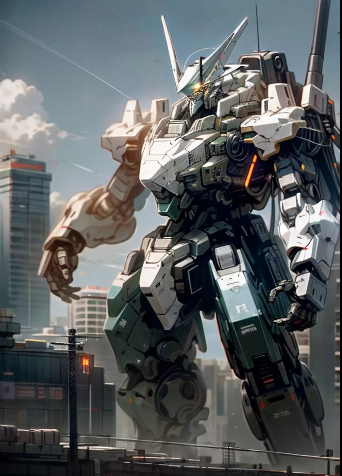 sky, cloud, holding_weapon, no_humans, glowing, , robot, building, glowing_eyes, mecha, science_fiction, city, realistic,mecha
