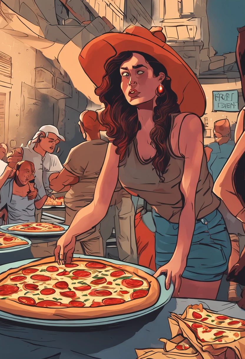 mulher acima do peso comendo pizza vestida com roupas