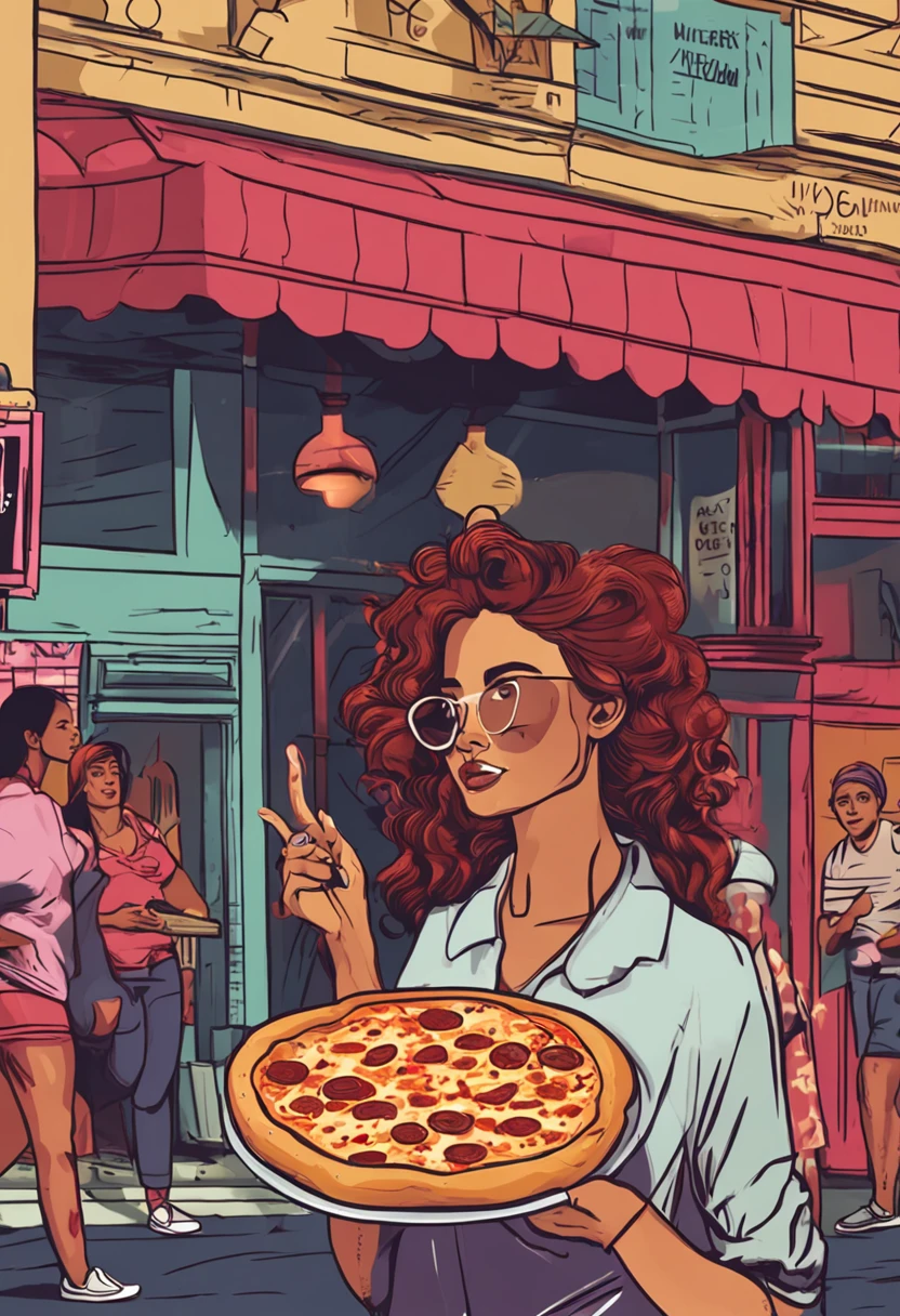 mulher acima do peso comendo pizza vestida com roupas