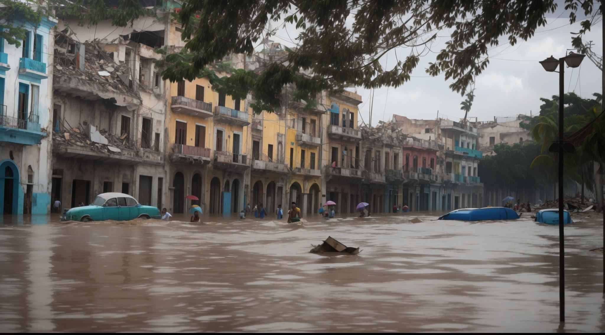 realistic, Havana, collapsed buildings, torrential rain, severe flooding, chaos and destruction, atmosphere of despair