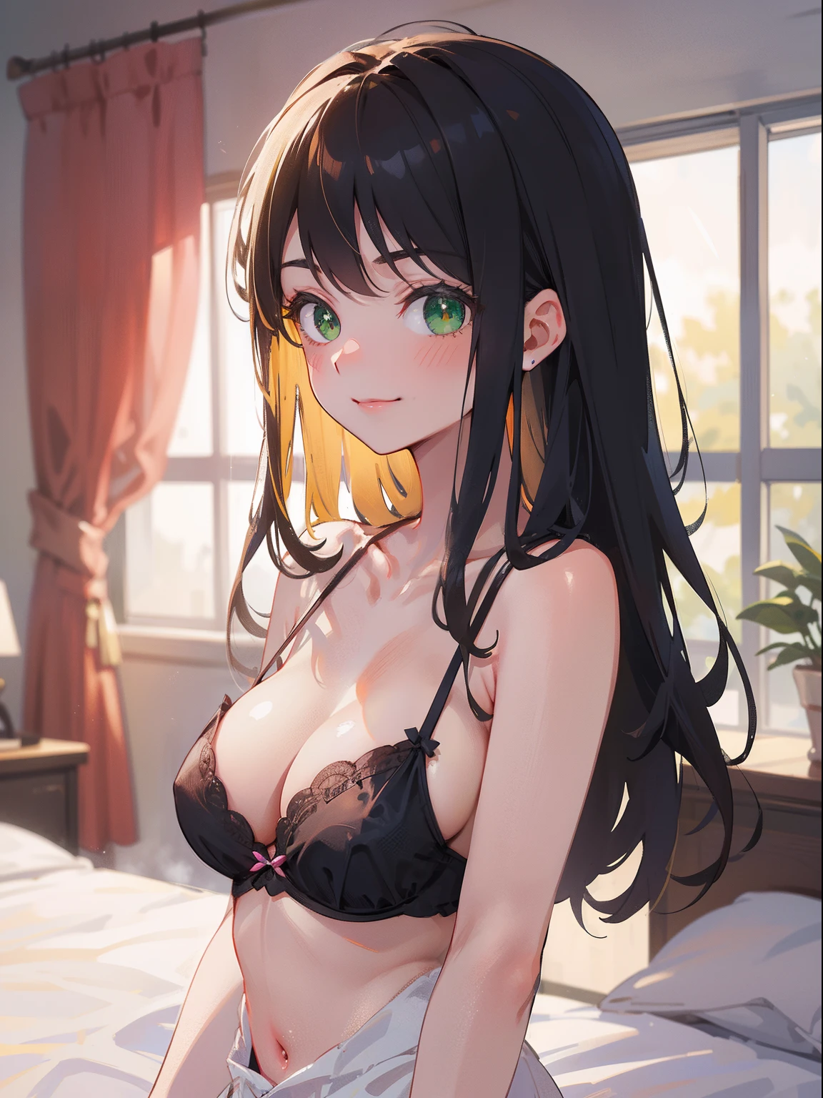 (masterpiece), (best quality), ultra high res, soft focus, ((1 mature woman, solo)), very stunning and gorgeous woman, upper body, beautiful detailed hair, chestnut brown hair, messy long hair, beautiful detailed face, perfect feminine face, ((beautiful shape eyes, green eyes)), look at the viewer, smirk, sexy cute black lingerie, ((background blur)), is standing in front of viewer, in the sensual pink bedroom