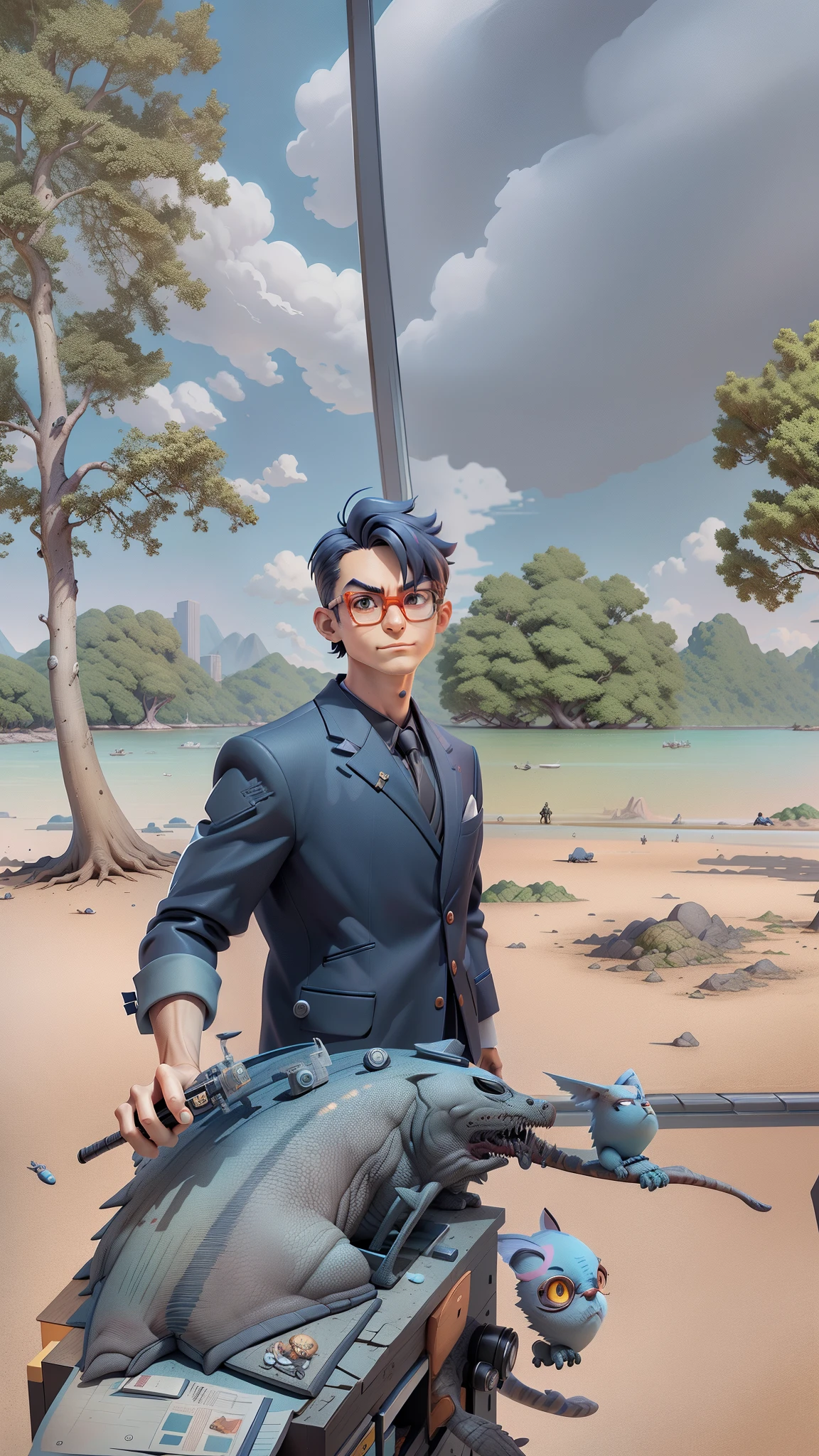 A young man in a suit, Short hair and glasses sat at his desk，holding laptop，digitial painting，tigre，3D character design by Mark Clairen and Pixar and Hayao Miyazaki and Akira Toriyama，4K HD illustration，Very detailed facial features and cartoon-style visuals。