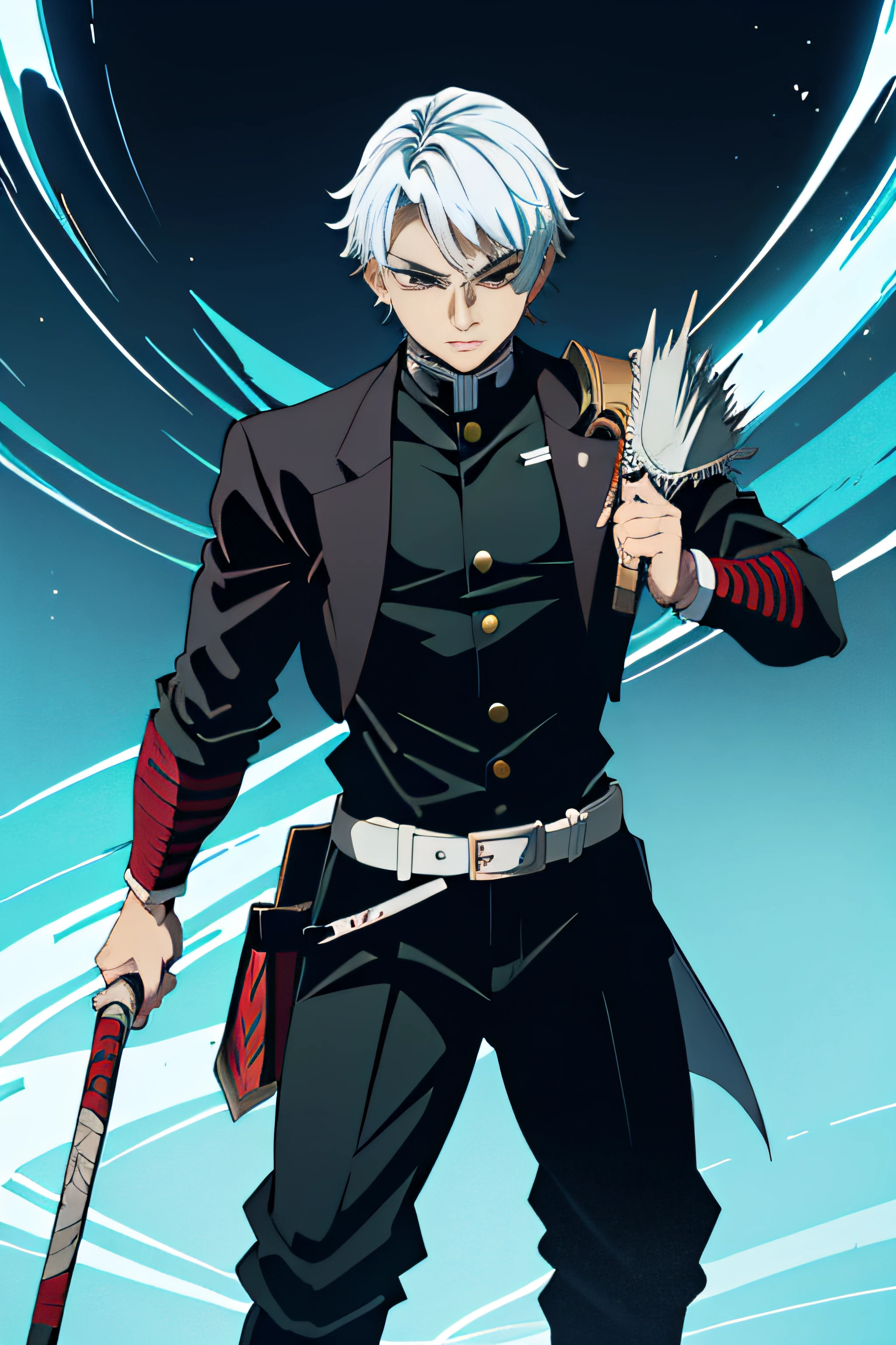 Ryuji Hikarashi has an impressive appearance that reflects his determination and skills as a demon hunter. Here is a detailed description of its appearance:
Cabelos: Her hair is black as night, com um brilho sutil quando atingidos pela luz. They are short and neat, allowing a clear view of your face.
Olhos: His eyes are intense and piercing, of a deep shade of blue that seems to reflect the calm and concentration he carries. They are slightly narrow, giving him a serious, observant expression.
Rosto: His face is angular and defined, with sharp strokes that denote his determination and inner strength. It has a strong jaw and slightly detached cheekbones, contributing to your confident appearance.
physical: Ryuji has an average height for a 19-year-old, with a physical structure that combines agility and strength. Their muscles are well defined due to rigorous training and battles against demons. His posture is upright and confident, demonstrating the security he has in his abilities.
Uniforme: Ele veste o distintivo uniforme da Demon Slayer Corps, que consiste em uma jaqueta preta com detalhes em azul e branco, plus dark pants and sturdy boots. His uniform is personalized with emblems that symbolize his affiliation to the order and his unique identity.
Cicatrizes: Throughout his journey as a demon hunter, Ryuji acquired some scars from battles against the demons. Uma cicatriz fina e curva pode ser vista em sua bochecha esquerda, lembrando-o das lutas que ele travou.
expression: His general expression is serene and focused. Even in the midst of tense situations, He maintains a calm and controlled composure, which helps you make quick and strategic decisions.
Geral: Ryuji Hikarashi's appearance evokes respect and trust. His determined aura and piercing gaze are indicative of someone who has faced many challenges and emerged as a true demon hunter, pront