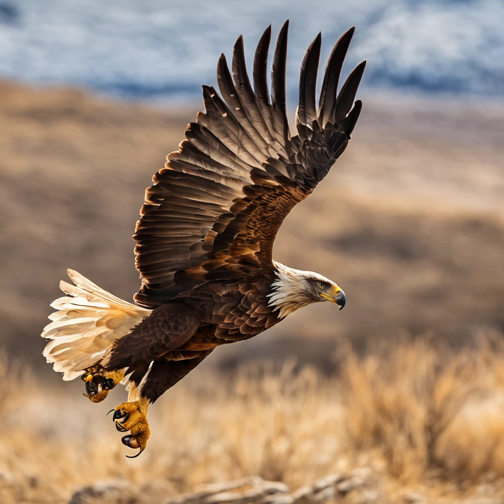 A captivating and dramatic moment frozen in time: an eagle in mid-flight, carrying a tortoise high above, preparing to release it from a great height. This extraordinary image is captured with precision using an analogue Nikon Z 14mm ultra-wide angle lens in RAW format, showcasing the raw power and resourcefulness of nature.

The eagle's wings are extended wide, showcasing its strength as it holds the tortoise aloft. The anticipation is palpable as the bird prepares to release its prey from a dizzying height. The lighting adds to the intensity, casting dynamic shadows that emphasize the eagle's focused gaze and the tortoise's determined shell.

The color palette is a harmonious blend of earthy tones and vivid accents, capturing the rich hues of the eagle's plumage and the tortoise's shell. The background might feature a panoramic view of the landscape below, enhancing the sense of height and the vast expanse over which this action unfolds.

This image is a testament to the unyielding instinct of the natural world, revealing the strategies animals employ to secure their sustenance. It's a moment that encapsulates the circle of life and the intricate dance between predator and prey, inspiring awe and wonder in the face of nature's complexity.