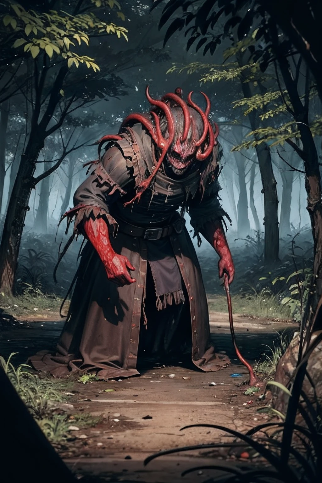 A lot of zombies roam the woods of the vista，Doomsday zombies，Zombie tide，many, many zombies，Hordes of zombies，Corruption，Rotten environment，Harsh environment，Zombie brains behind，A meat tube is inserted，Many, many tentacles。