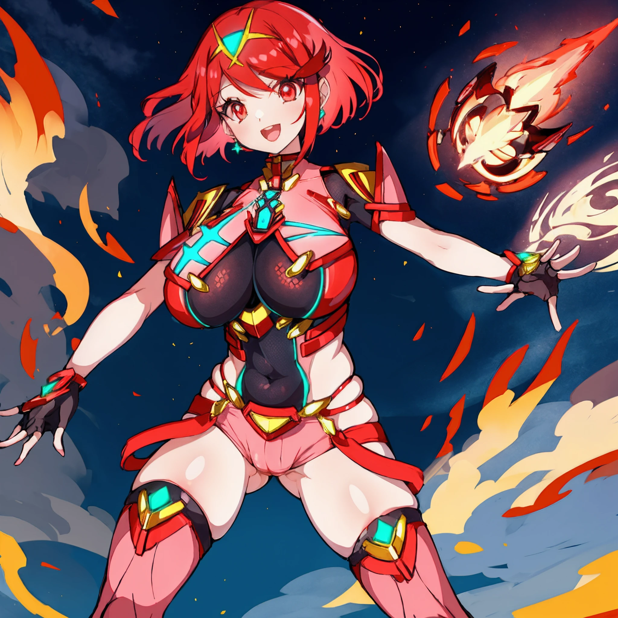 pyra \(xenoblade\), _1girl, lolimor, bangs, black gloves, breasts, red eyes, light_open_mouth, earrings, eyelashes, fingerless gloves, floating hair, framed breasts, gem, gloves, hair ornament, headpiece, jewelry, big_breasts, leaning back, leotard, neon trim, official art, pose, red hair, red shorts, saitou masatsugu, short hair, short shorts, short sleeves, shorts, sidelocks, skin tight, solo, standing, swept bangs, thighhighs, tiara, night_prairie_background, turtleneck, underbust, vambraces, xenoblade chronicles \(series\), (xenoblade chronicles 2), (spread_legs:1.1), fire_effect,dynamic_pose,fighting,light_smile, (plump:1.4), big_ass,huge_sword, hold_large_sword_hilt, scovered_nipples, (covered_pussy:1.2),cameltoe,back_view, fists,ponytail,plump,beautiful_fingers,(solo:1.1),
