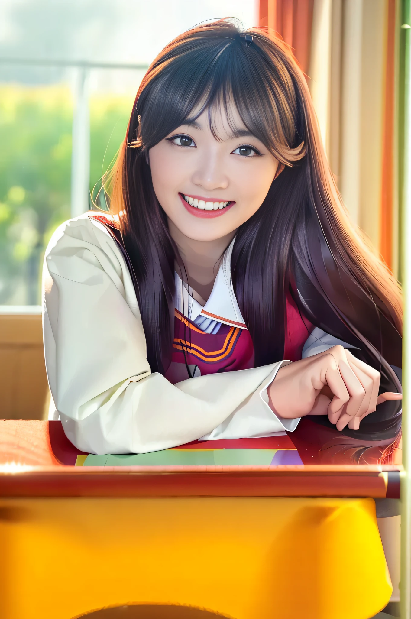 Masterpiece, Best quality, Photoreal, 1girll, Smile, teeth, Flat bangs, stunning innocent symmetry face, school uniform, Black eyes, Emotional, Orkan, (PureErosFace_V1:0.7)