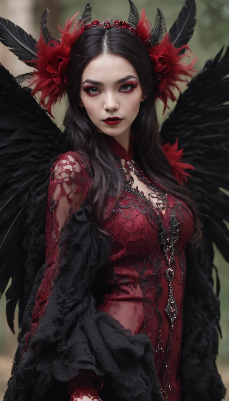 Generate images of demons with crimson wings. Give this image a captivating aura and powerful feather movement. Next, Add a devil's dress designed to emphasize the lines of the body, With feather accents to create a dark and mysterious atmosphere. reeds, Combine accessories with black or dark red headpieces, Crimson Gemstone Necklace、Matching rings and earrings. Finally, Add dark tone makeup and red or black eyeshadow、Complete the atmosphere of the devil.