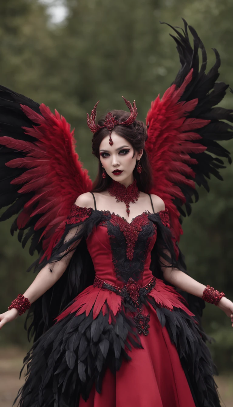 ((eyes glowing red,Glowing red eyes,Glowing red eyes)),((A very beautiful demon queen,Wings with the most realistic and intricate textures,The most detailed and intricate wing textures,Luxurious long dresses,The background is a complex and detailed castle exterior,Giant Devil Tiara,Big Princess Dresses,Final form as a complete demon,The Devil's Masterpiece,Frightening giant wings,Huge and intricate demon wings,Big Devil's Horn,Realistic and big horns,Creepy horns,Wings with a very elaborate texture,Wings with a very complex texture,Creature wings with a very realistic texture,Wings of a terrifying monster,The most intricate and luxurious gothic dresses,Bright red lipstick, Red Eyes,The most gorgeous princesses dress up with achievements,The most beautiful princesses in the world,Spooky and beautiful demons,The cutest face,Intricate and solemn black dress,Evil and beautiful demon,The most majestic appearance of the Demon Queen,Huge Queen Tiara,The most complex depictions of demons,Accurate reproduction of perfect demonic details,The appearance of an unimaginably gorgeous demon,The unimaginably huge and beautiful appearance of the demon,Complex medieval European castle in the background,The most intricate and detailed castle appearance,The perfect castle,With the sunset and the castle in the background,Castle dyed in the sunset,Fantastic sunset,Romantic sunset,spectacular movie lighting,Sparkling sunset)),((Most beautiful face,Half Japan and half Spanish,The happiest smile,Beautiful wavy hair,The most luxurious and intricate dresses,The biggest smile staring at the camera,Chest that seems to burst,A dress that tightens the waist,Slimed,Colossal tits,Emphasize body lines,Giant wings of the devil,masutepiece,8K,very intricate,ultra-detailliert))