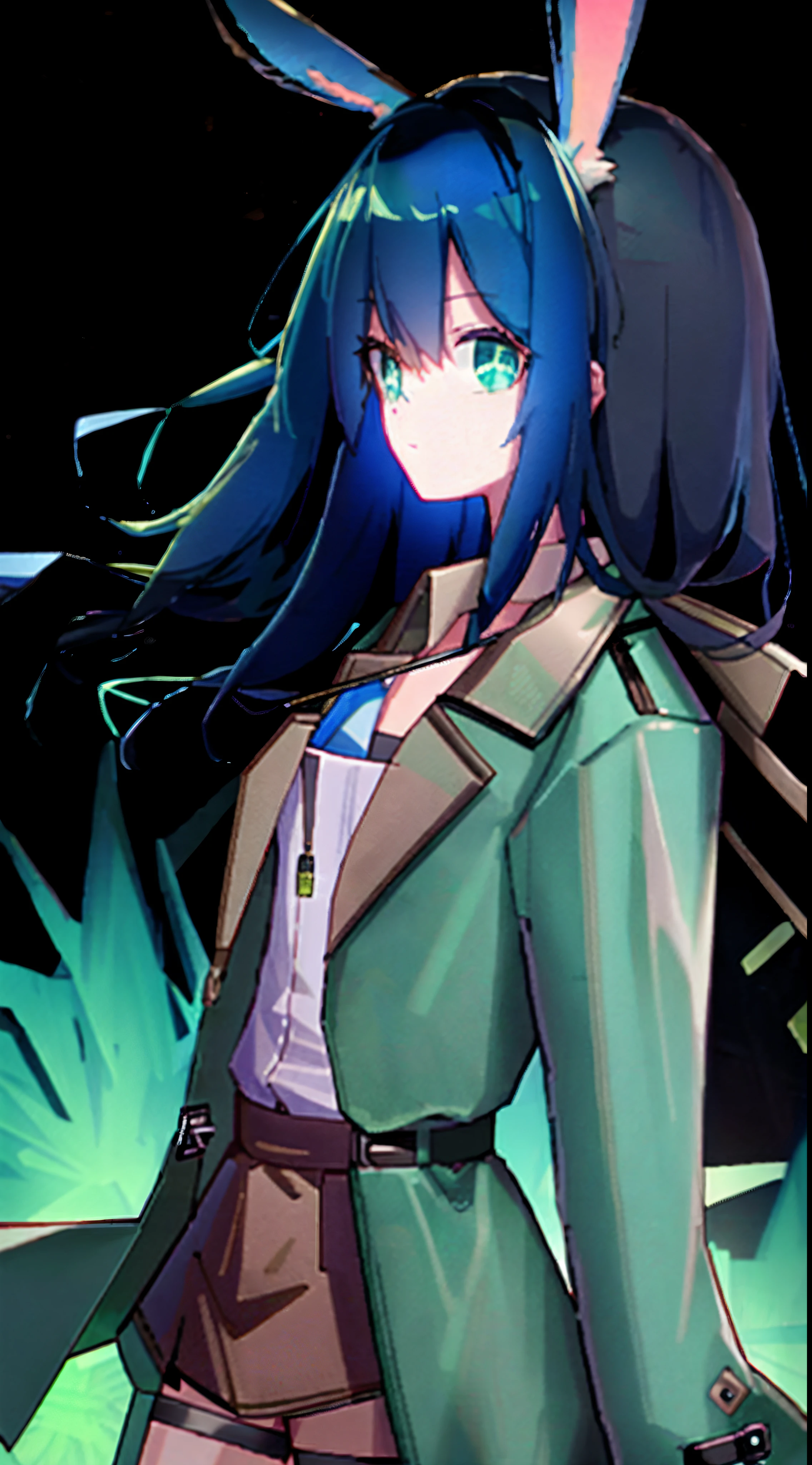 scenecy,Blue-haired girl,Rabbit ears,Green eyes,city night scene,Brown trench coat