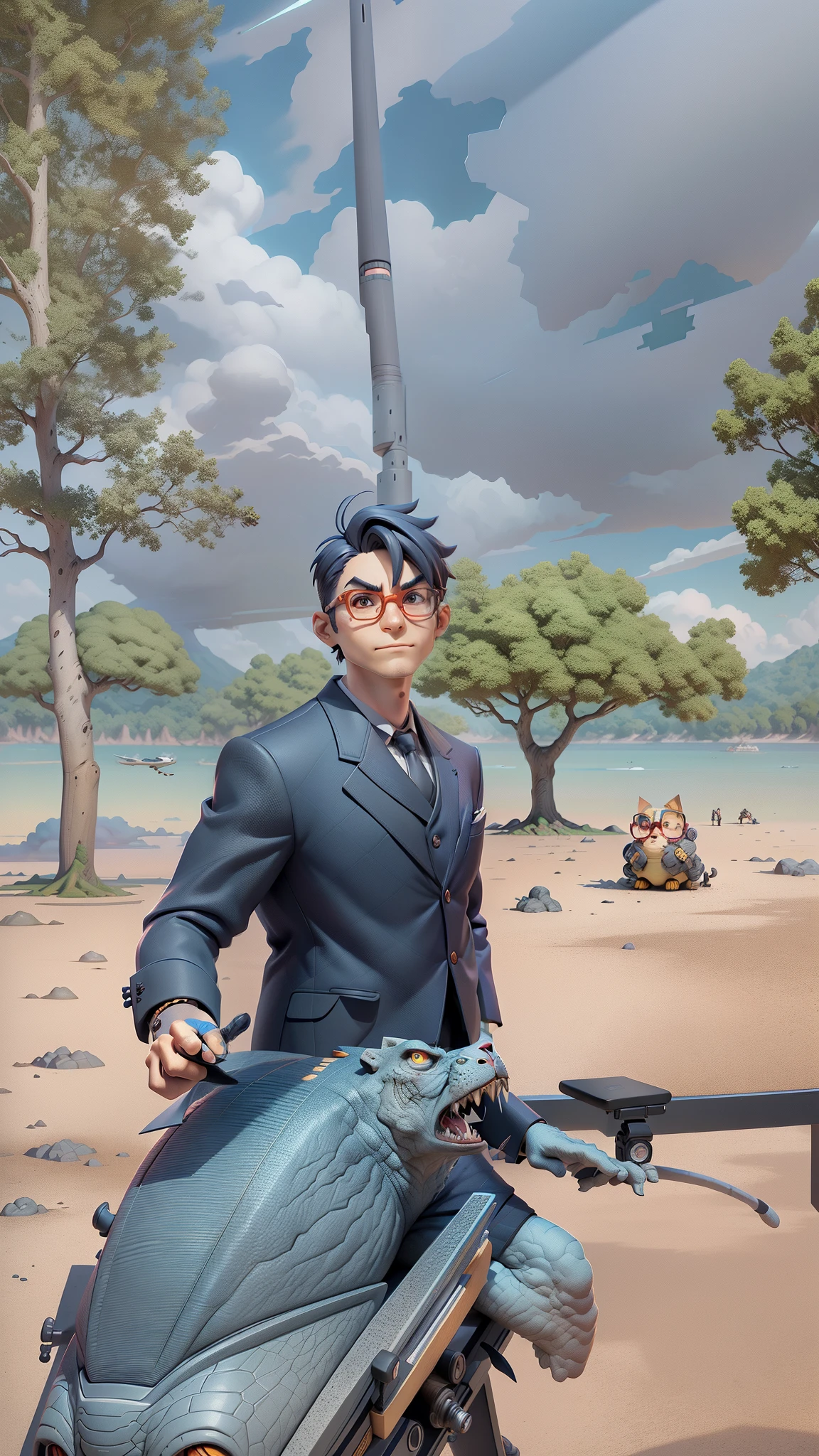 A young man in a suit, Short hair and glasses sat at his desk，holding laptop，digitial painting，tigre，3D character design by Mark Clairen and Pixar and Hayao Miyazaki and Akira Toriyama，4K HD illustration，Very detailed facial features and cartoon-style visuals。