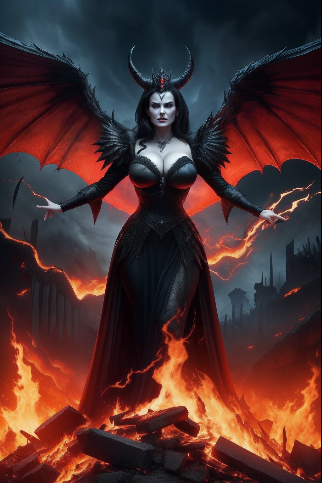Ultra-detailed Lisa Ann stands atop a pile of burning ruins, Her diabolical and insidious presence radiating from her dark crown and black and red evil queen dress................. Her demon wings on her back and demon horn give her an invincible aura as she unleashes a powerful wave of destruction with a single gesture................................