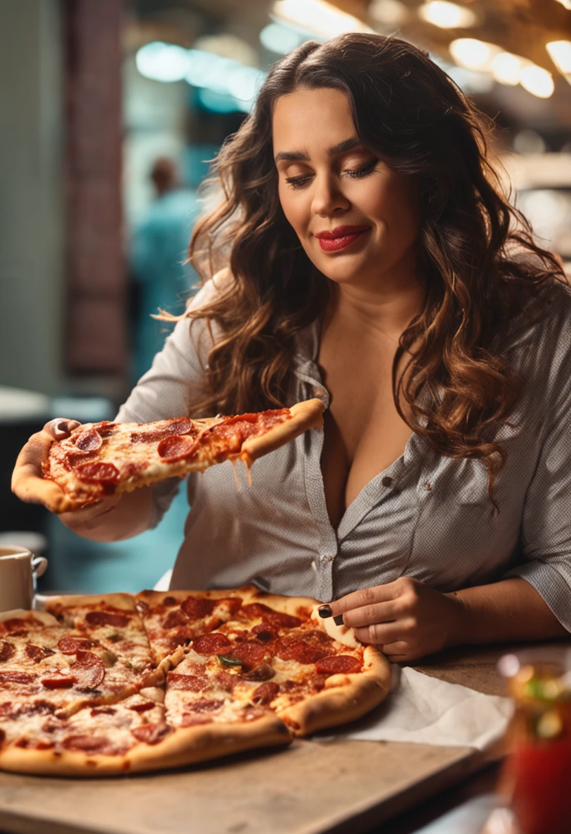 mulher gorda comendo pizza na mesa da cozinha vestida com roupas