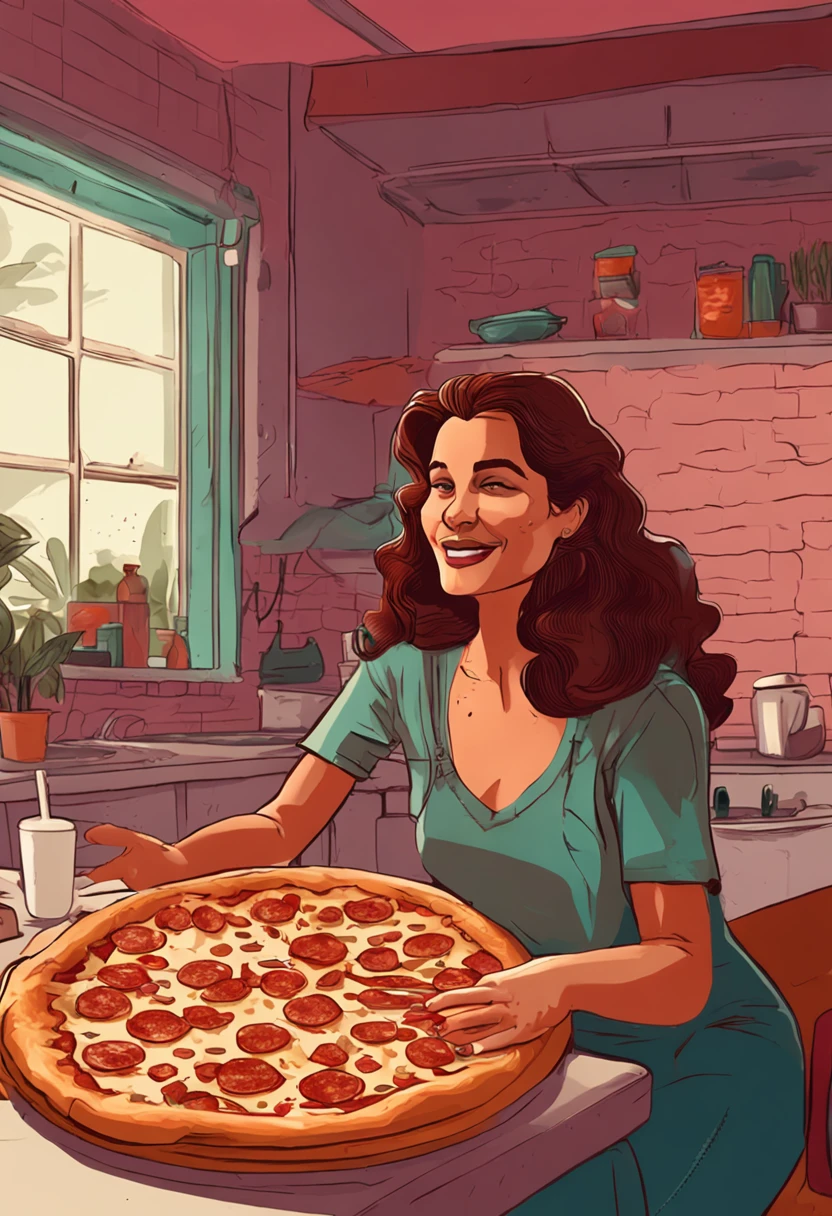 mulher gorda comendo pizza na mesa da cozinha vestida com roupas